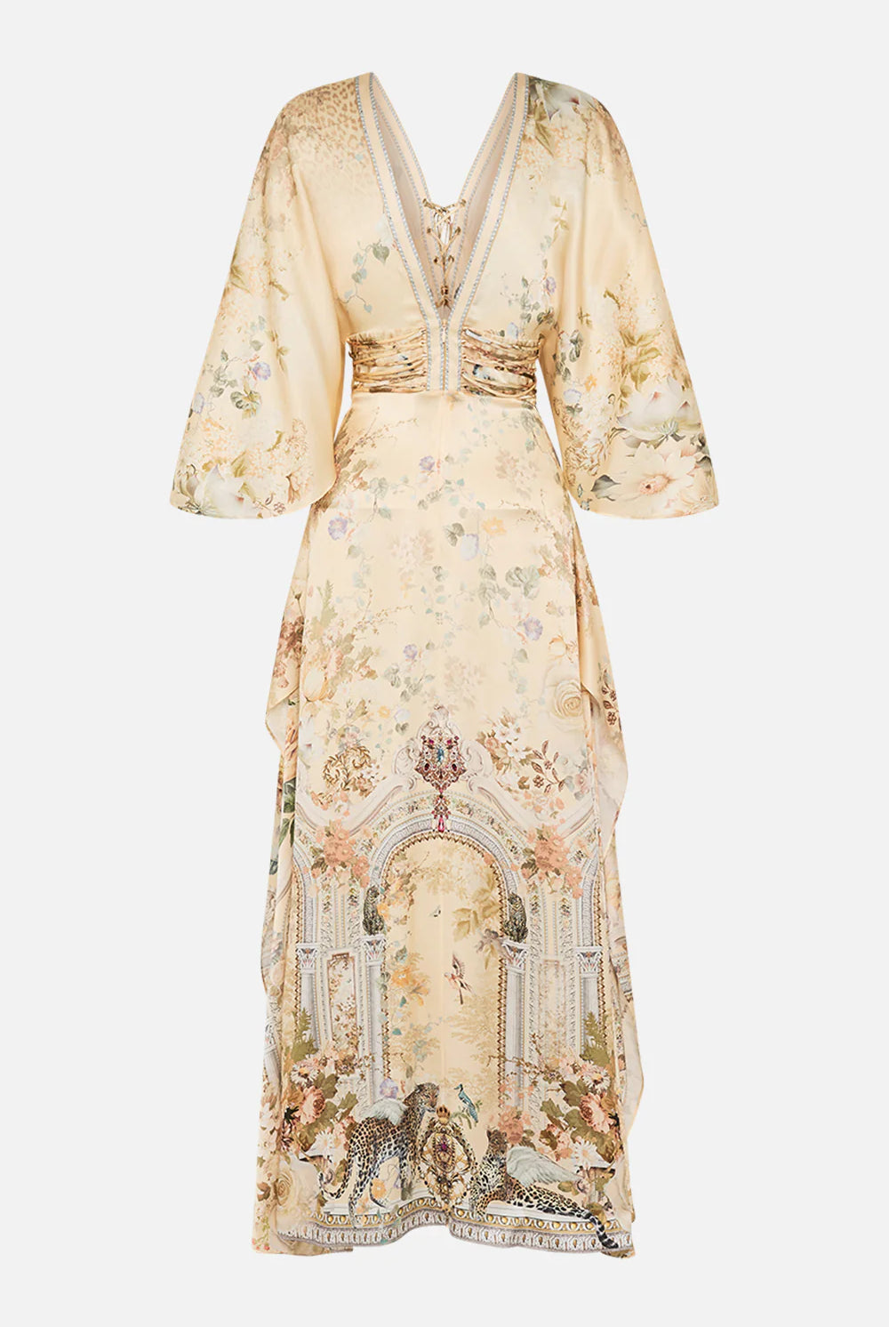 CAMILLA - V-neck Lace Up Detail Long Dress Adorned In Antiquity - Magpie Style