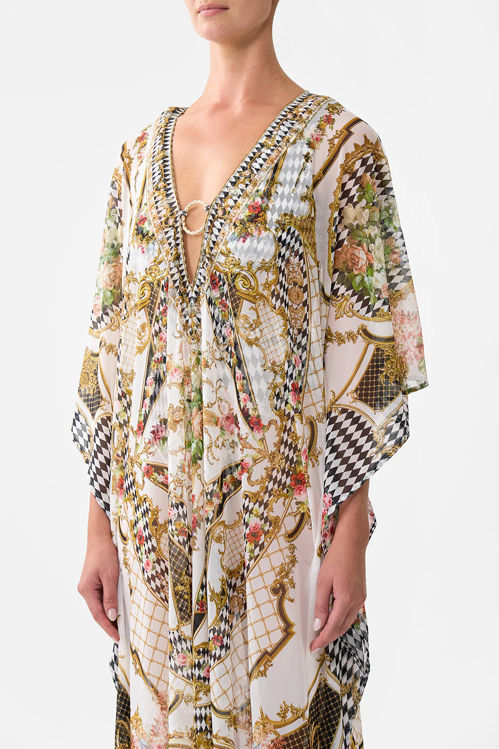 CAMILLA Long V Neck Kaftan with Ring Front Trim - Magpie Style