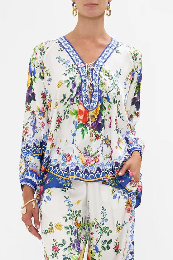 CAMILLA Lace Up Blouse - Tiles Darls - Magpie Style