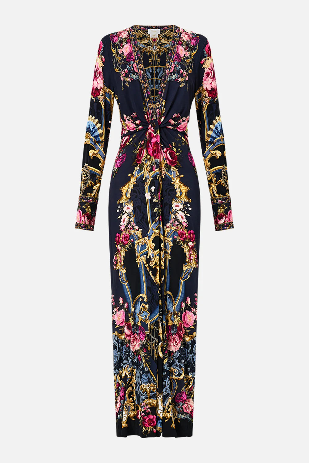 CAMILLA Long V Neck Twist Front Jersey Dress - Ornate On A Plate - Magpie Style