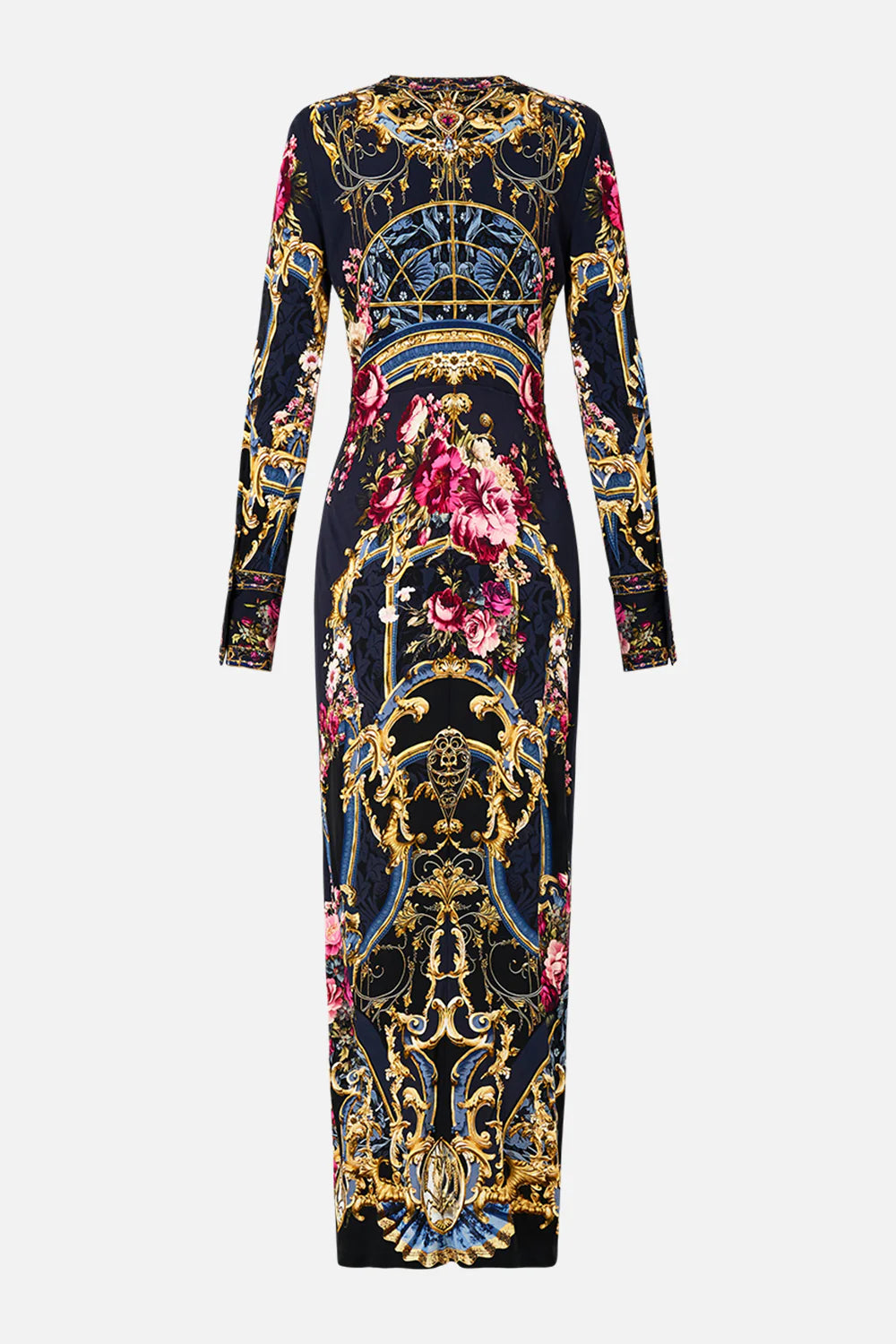 CAMILLA Long V Neck Twist Front Jersey Dress - Ornate On A Plate - Magpie Style