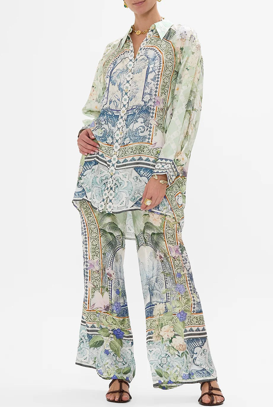 CAMILLA Long Line Shirt with Yoke & Button Detail - Jardim Party - Magpie Style