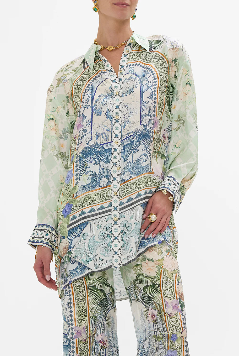 CAMILLA Long Line Shirt with Yoke & Button Detail - Jardim Party - Magpie Style