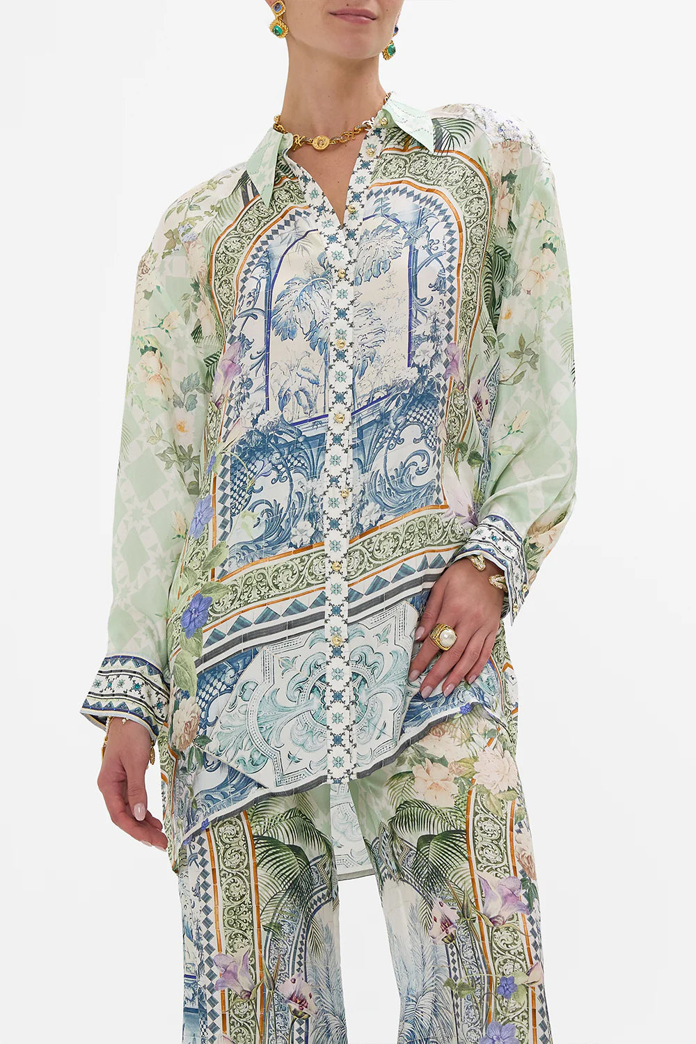 CAMILLA Long Line Shirt with Yoke & Button Detail - Jardim Party - Magpie Style