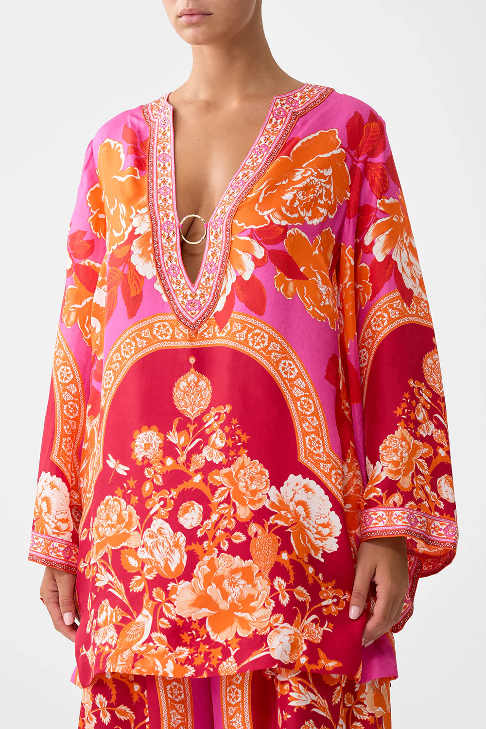 CAMILLA Deep V Neck Hardwire Short Kaftan - Tiles of Turkiye - Magpie Style