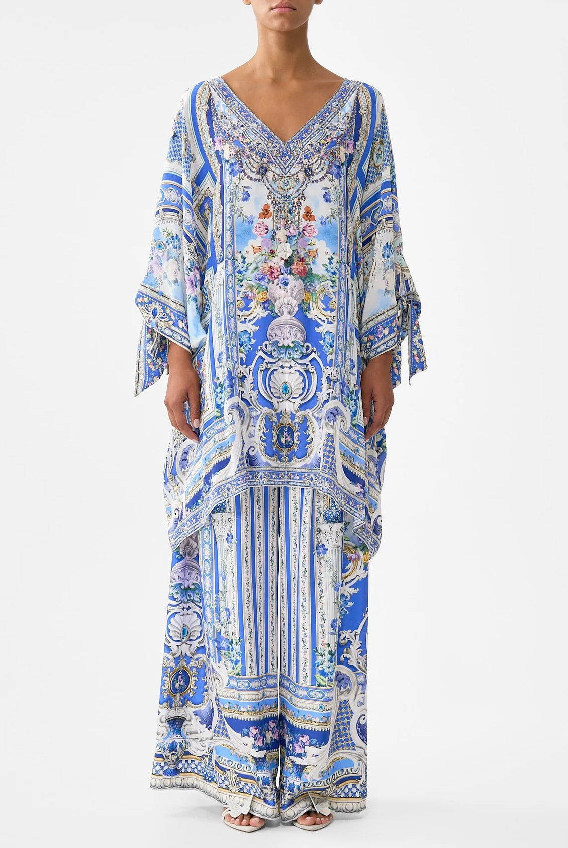 CAMILLA Tie Sleeve Short V Neck Kaftan - Ottoman Opulence - Magpie Style