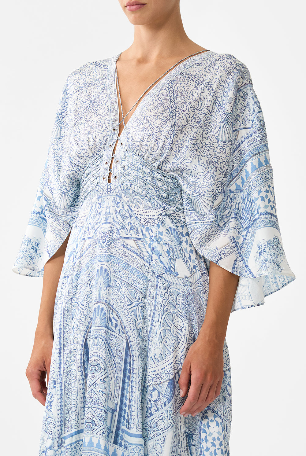 CAMILLA V Neck Lace Up Detail Long Dress - The Hum Of The Alhambra - Magpie Style