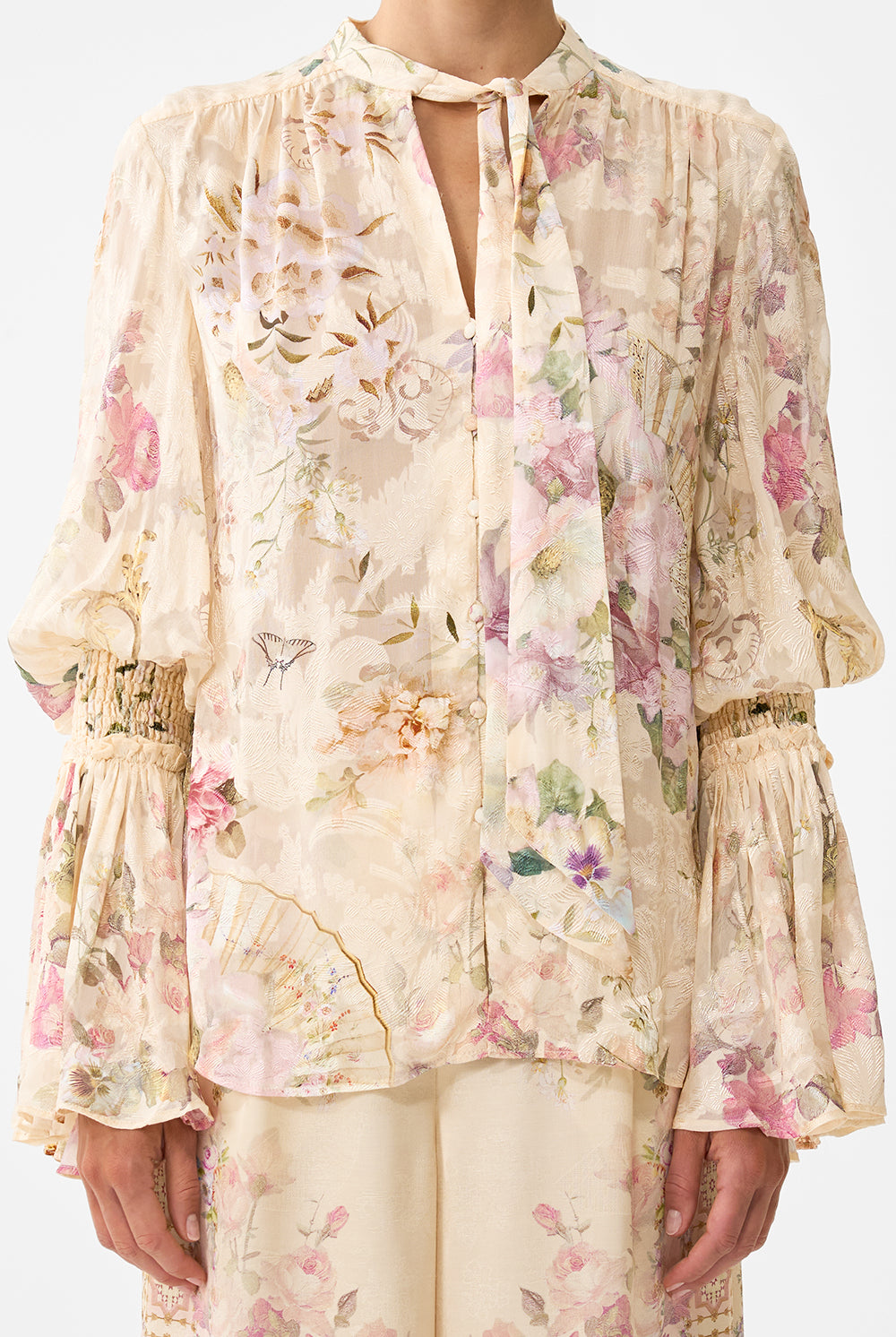 CAMILLA Elastic Sleeve Tie Front Blouse - Adorned In Aranjuez - Magpie Style