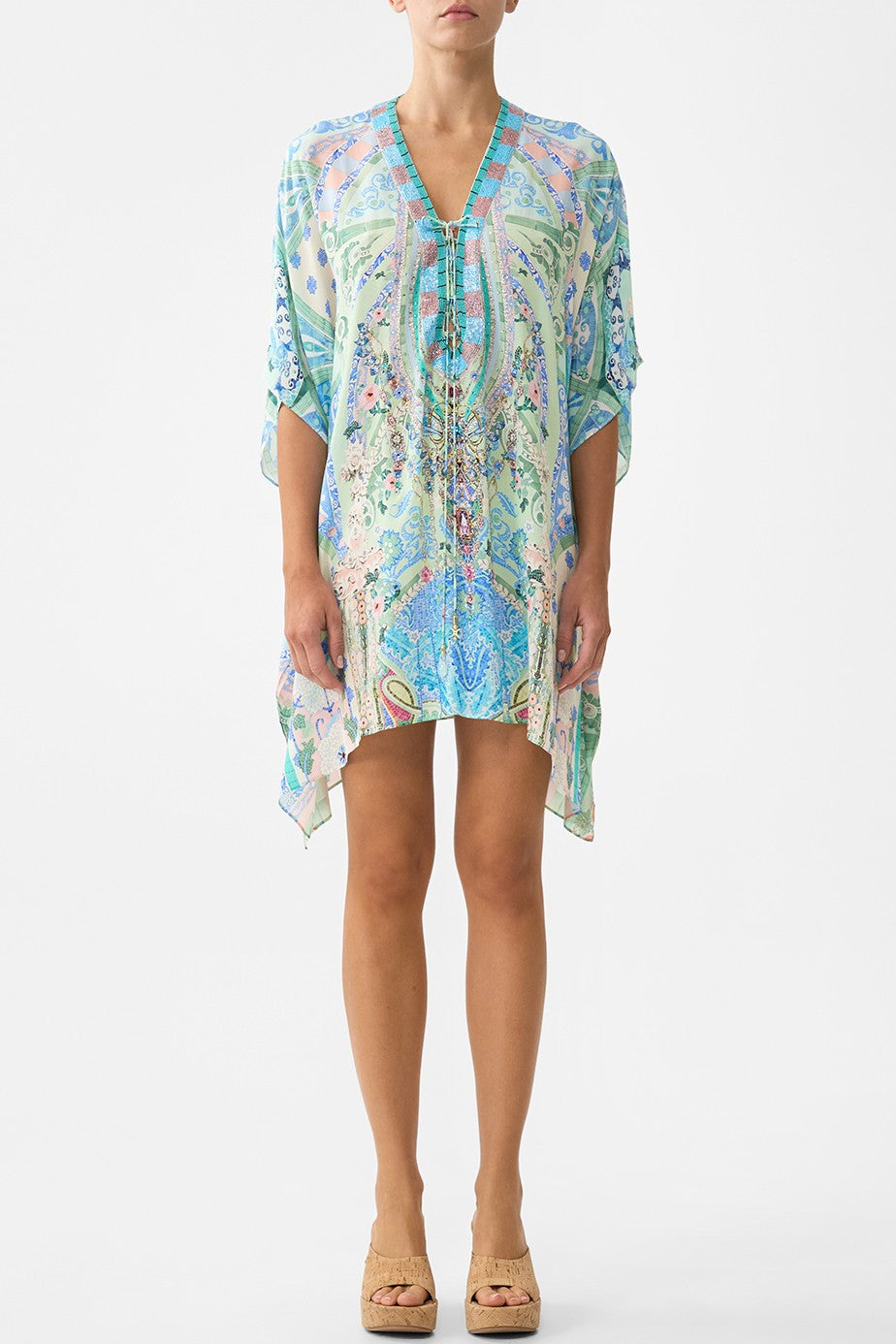 CAMILLA Short Lace Up Kaftan - Midsummer Mosaics - Magpie Style