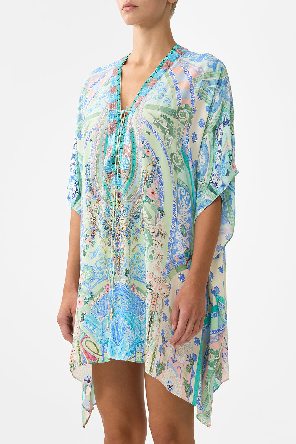 CAMILLA Short Lace Up Kaftan - Midsummer Mosaics - Magpie Style
