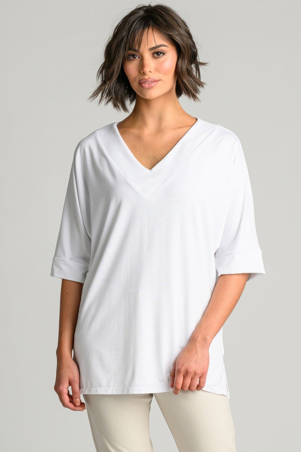PAULA RYAN Long V Neck Relaxed Top - White EcoVero - Paula Ryan