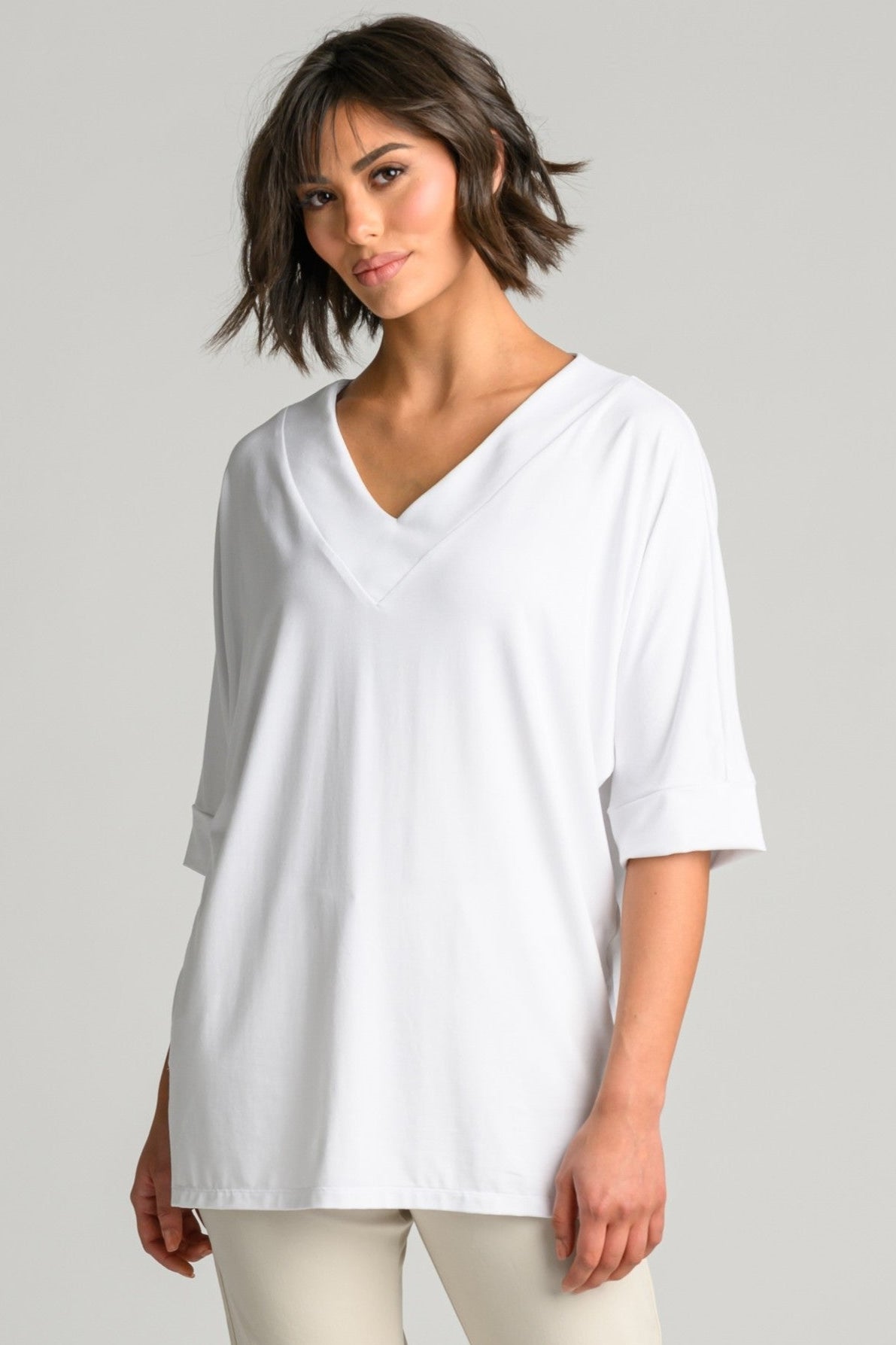 PAULA RYAN Long V Neck Relaxed Top - White EcoVero - Paula Ryan