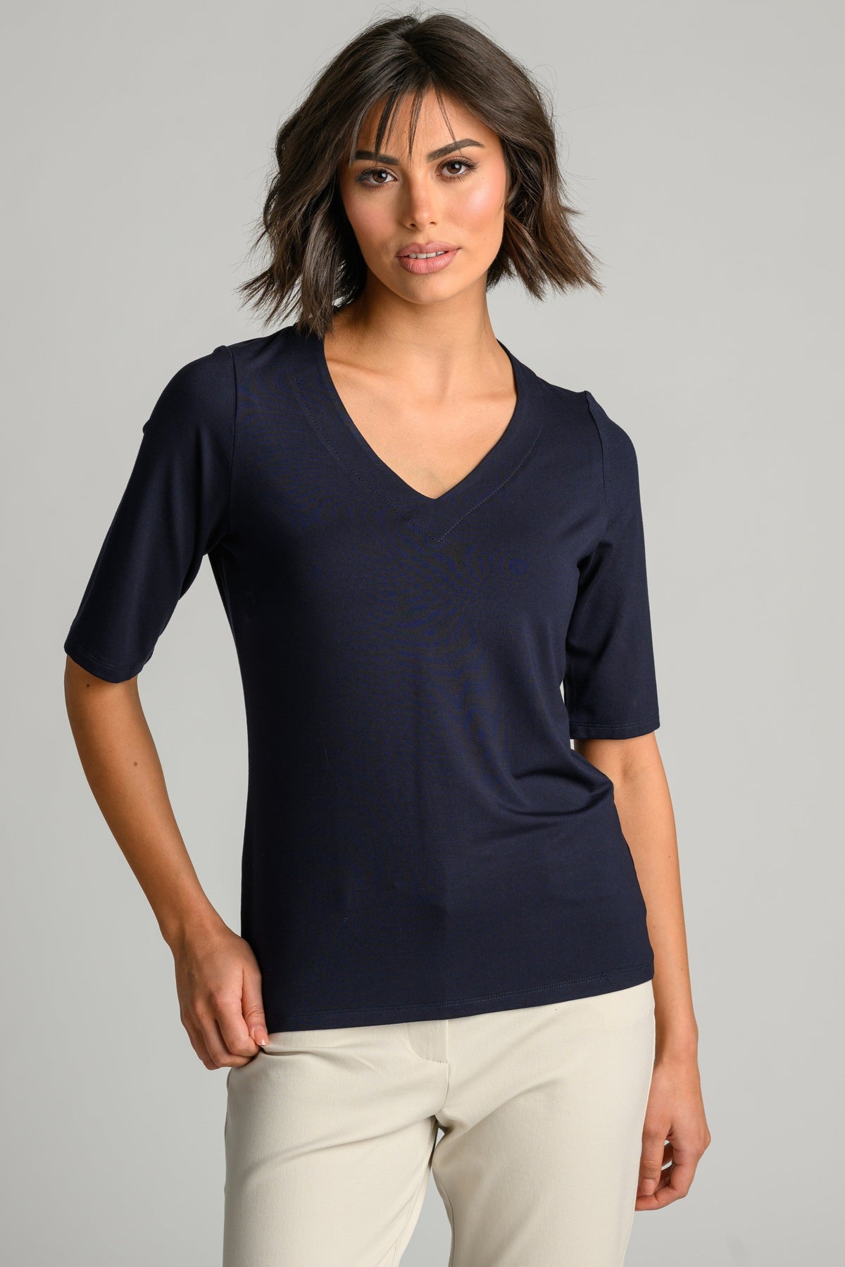 PAULA RYAN Easy Fit Half Sleeve V Neck Top - Navy EcoVero - Paula Ryan