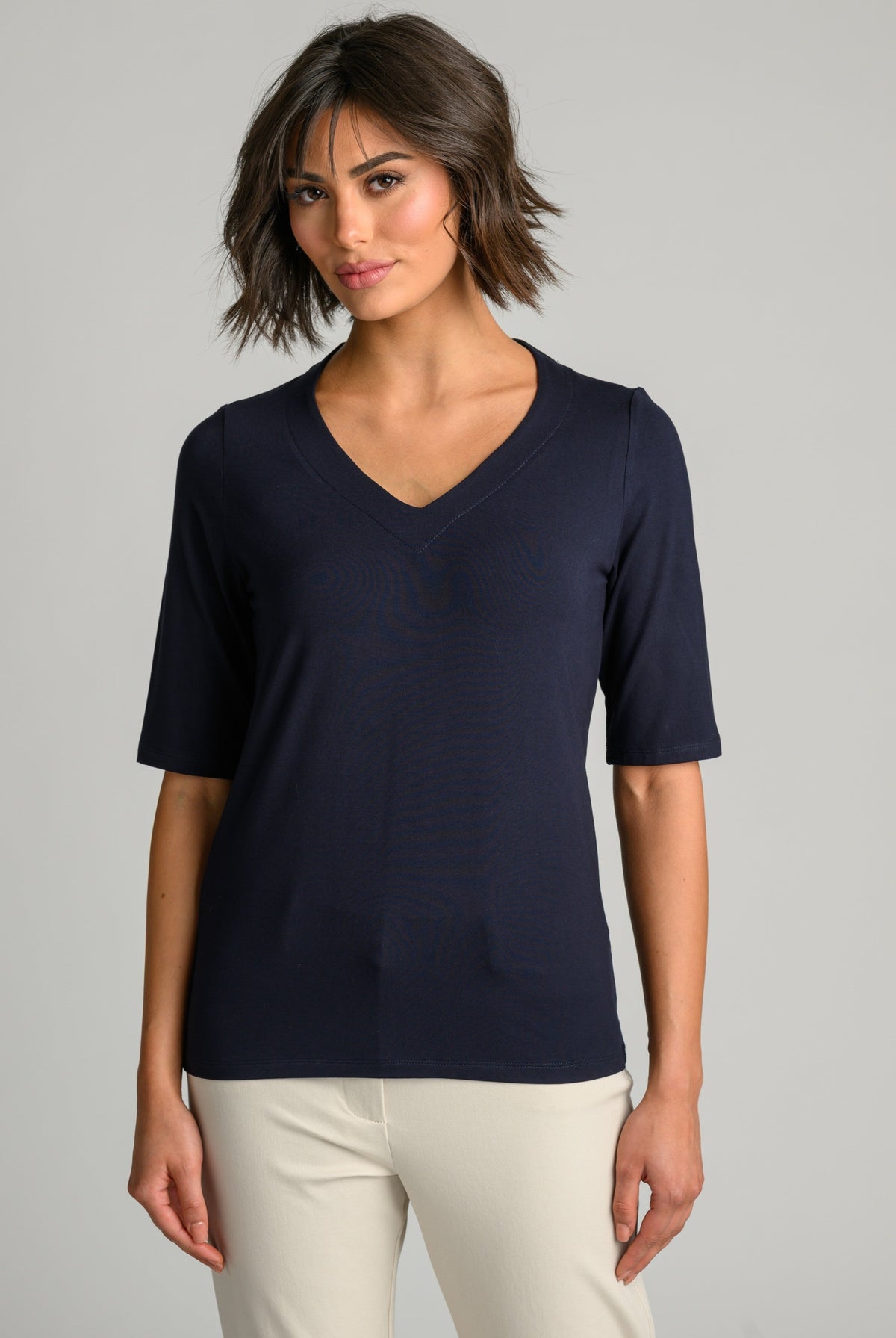 PAULA RYAN Easy Fit Half Sleeve V Neck Top - Navy EcoVero - Paula Ryan