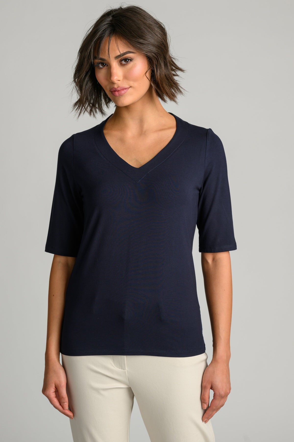 PAULA RYAN Easy Fit Half Sleeve V Neck Top - Navy EcoVero - Paula Ryan