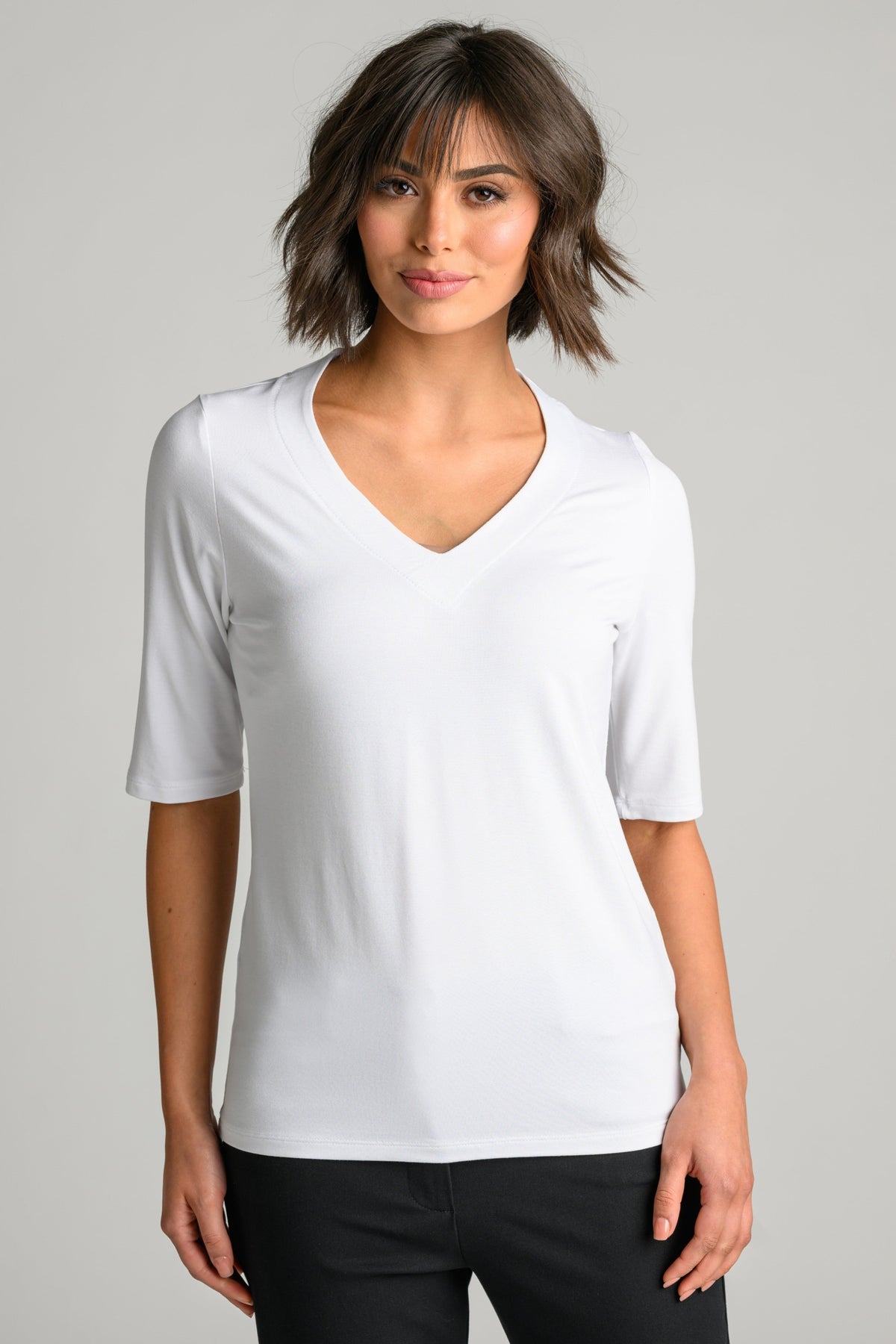 PAULA RYAN Easy Fit Half Sleeve V Neck Top - White EcoVero - Paula Ryan