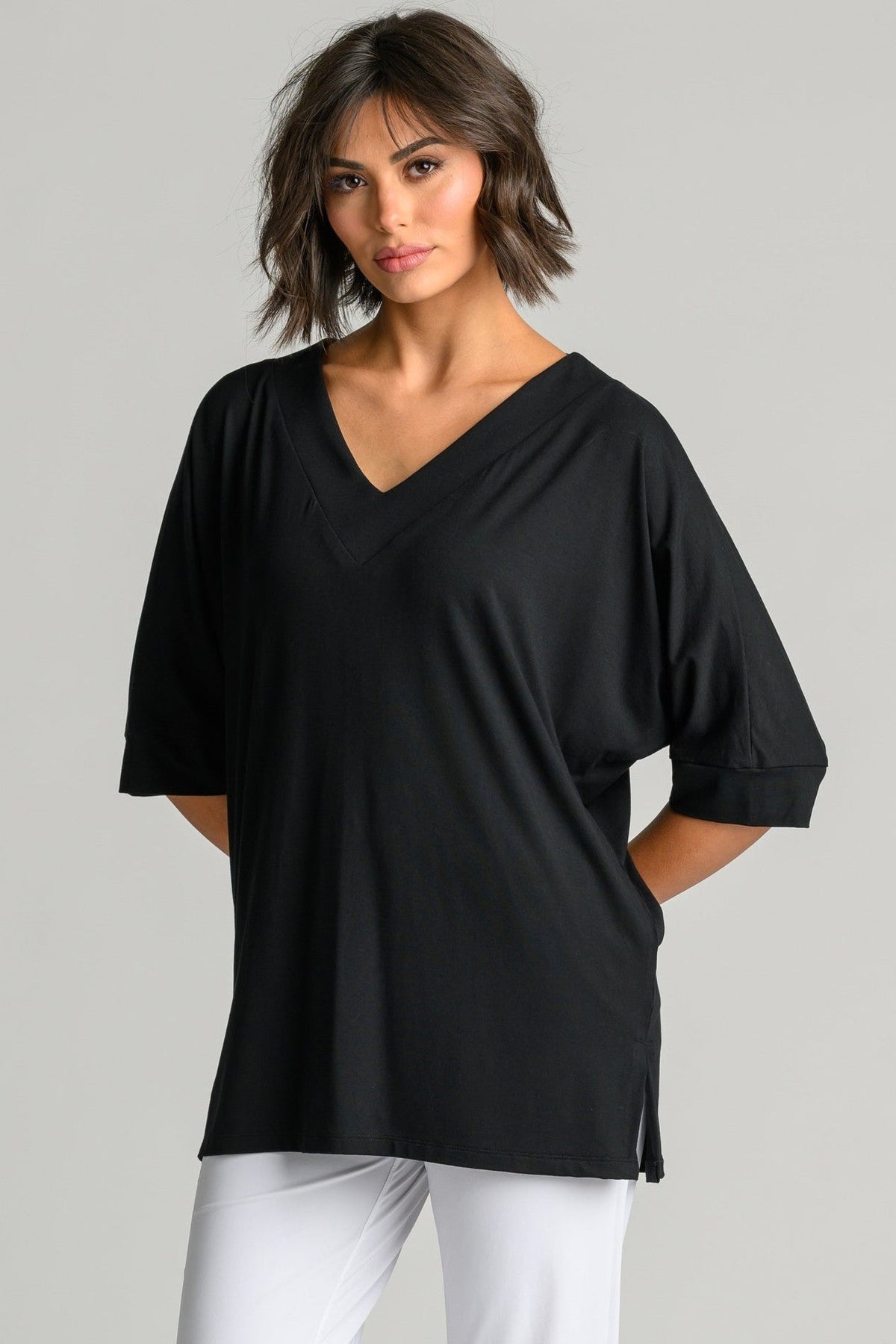PAULA RYAN Long V Neck Relaxed Top - Black EcoVero - Paula Ryan