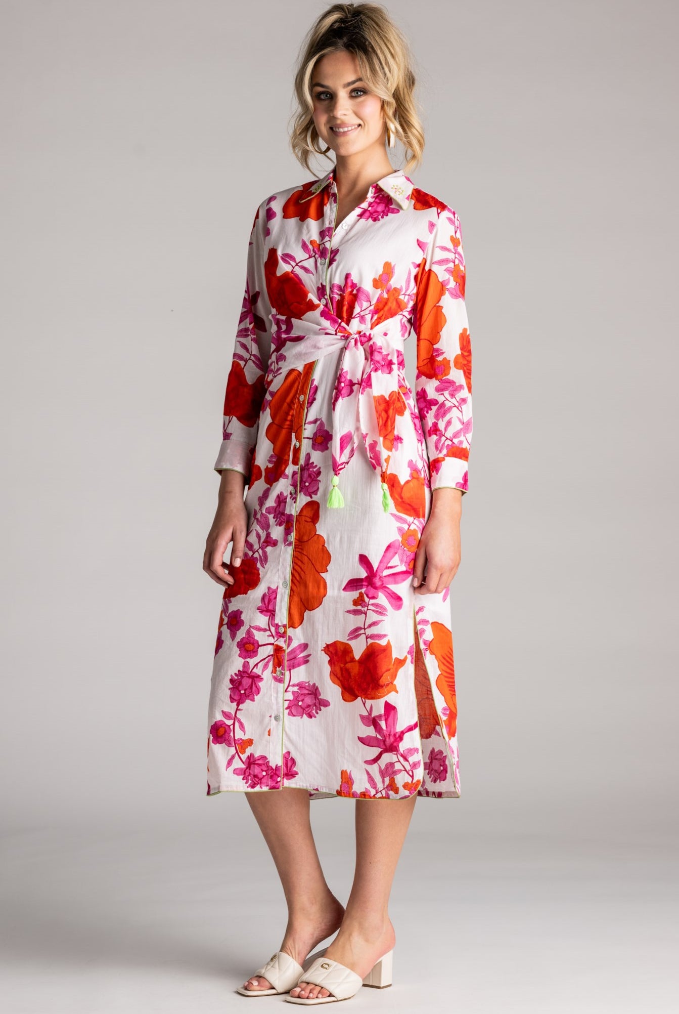 PLACE DU SOLEIL Pink Flower Dress with Sleeves - White Multi - Magpie Style