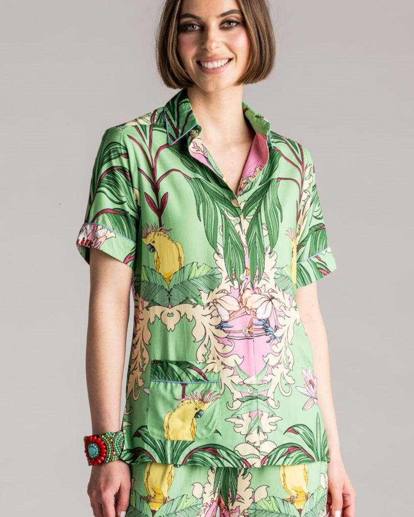 PLACE DU SOLEIL Green Birds Blouse - Green Multi - Magpie Style