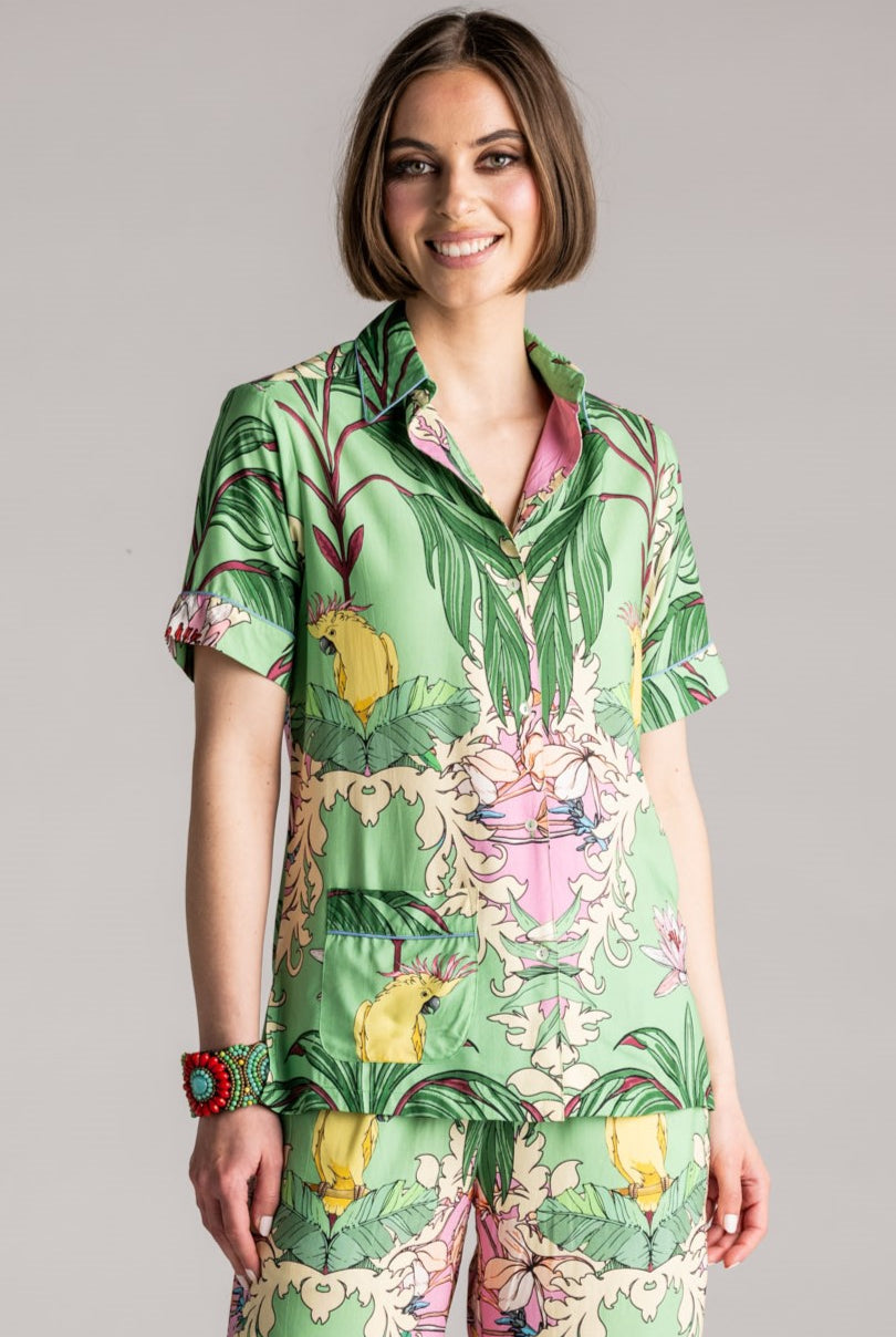 PLACE DU SOLEIL Green Birds Blouse - Green Multi - Magpie Style