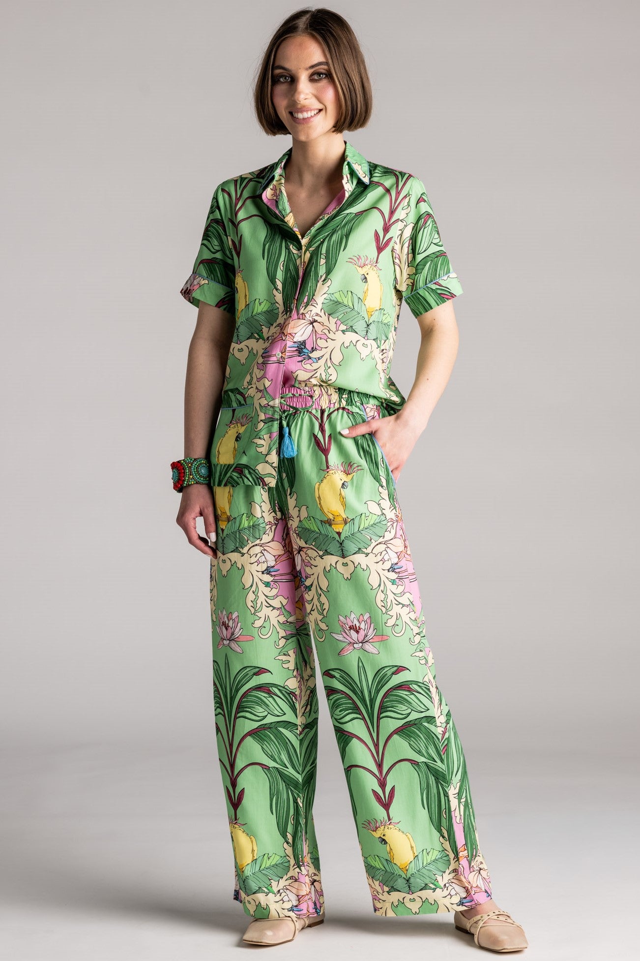 PLACE DU SOLEIL Green Birds Pant - Green Multi - Magpie Style