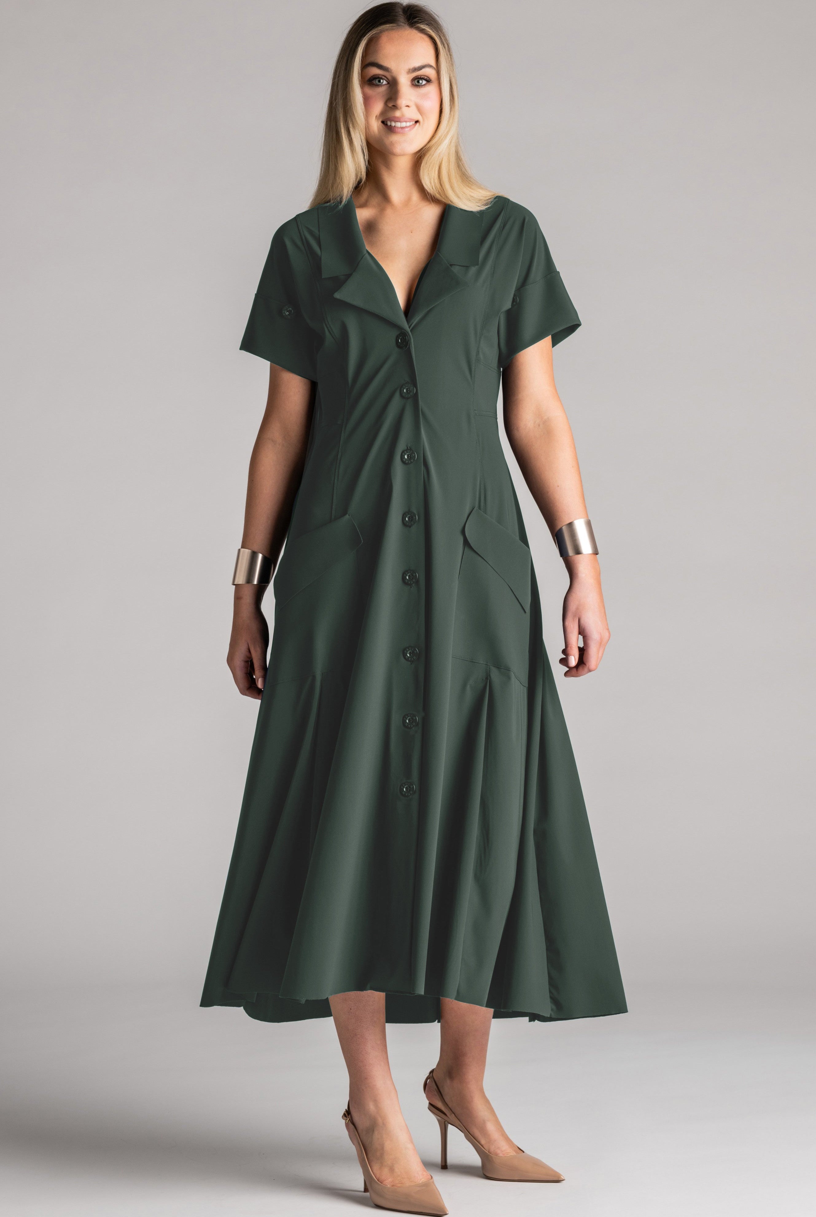 PAULA RYAN Long Cuffed Shirt Dress Microjersey - Khaki - Paula Ryan