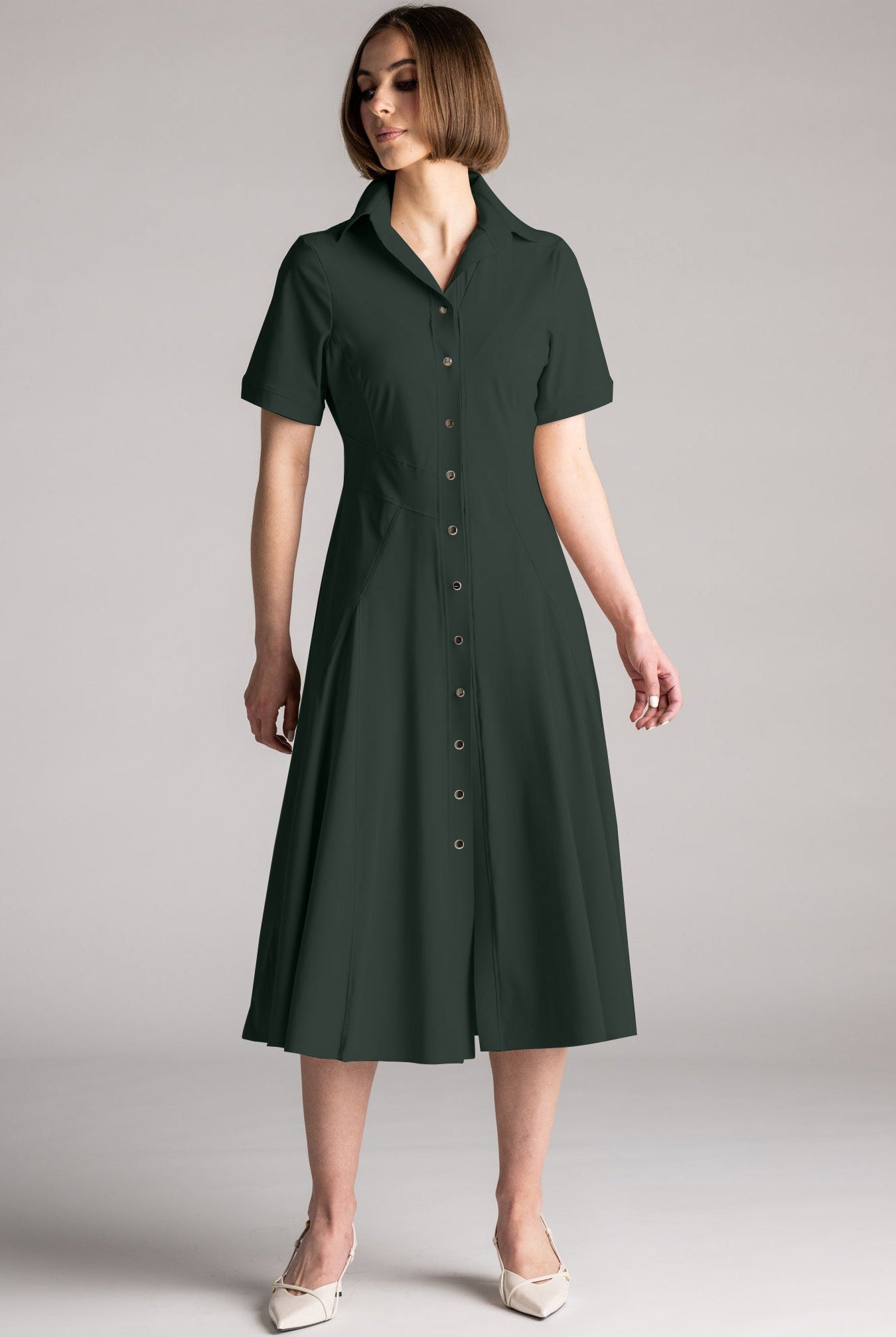 PAULA RYAN Classic Shirt Dress Microjersey - Khaki - Paula Ryan