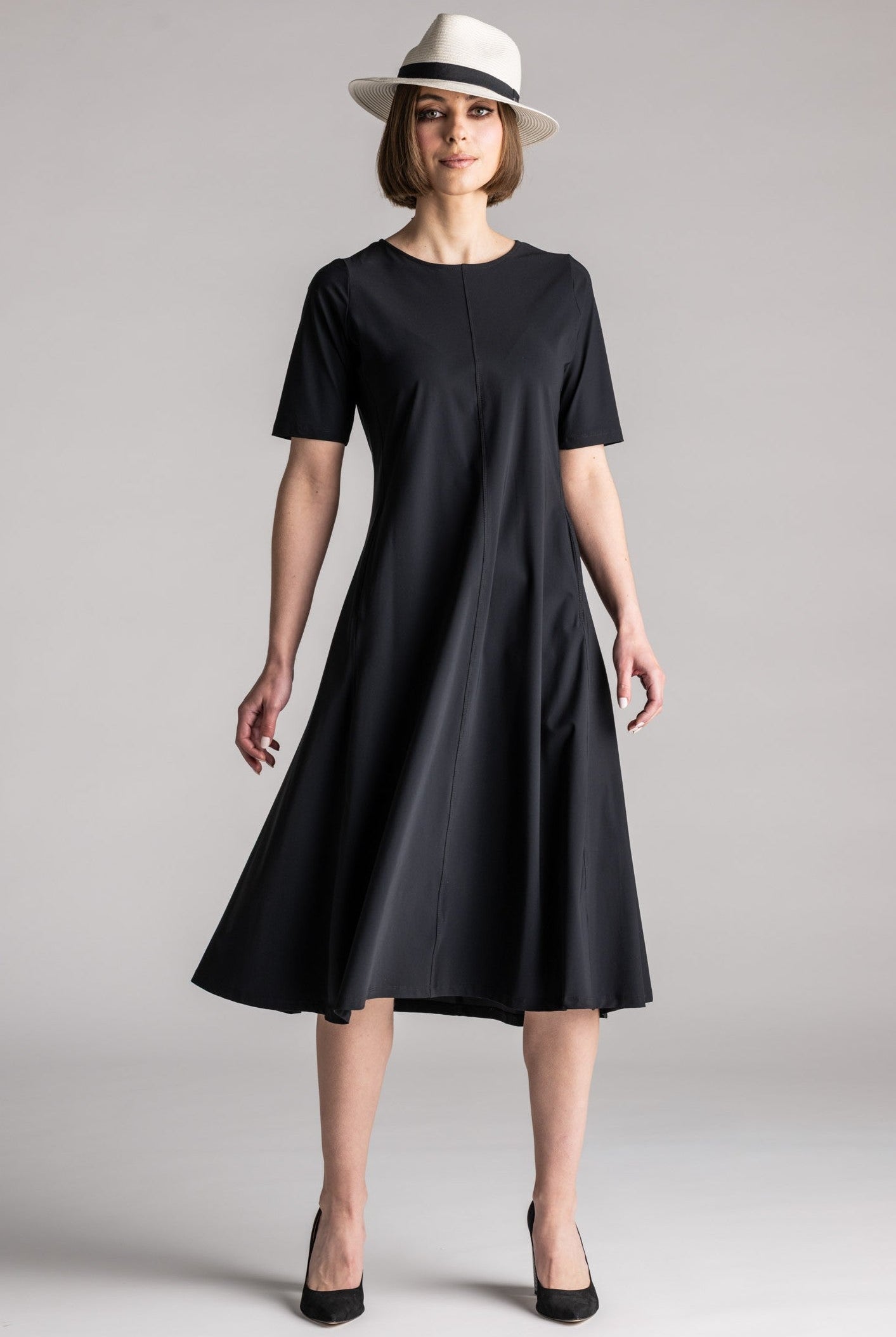 PAULA RYAN Crew Neck Swing Dress Microjersey - Black - Paula Ryan