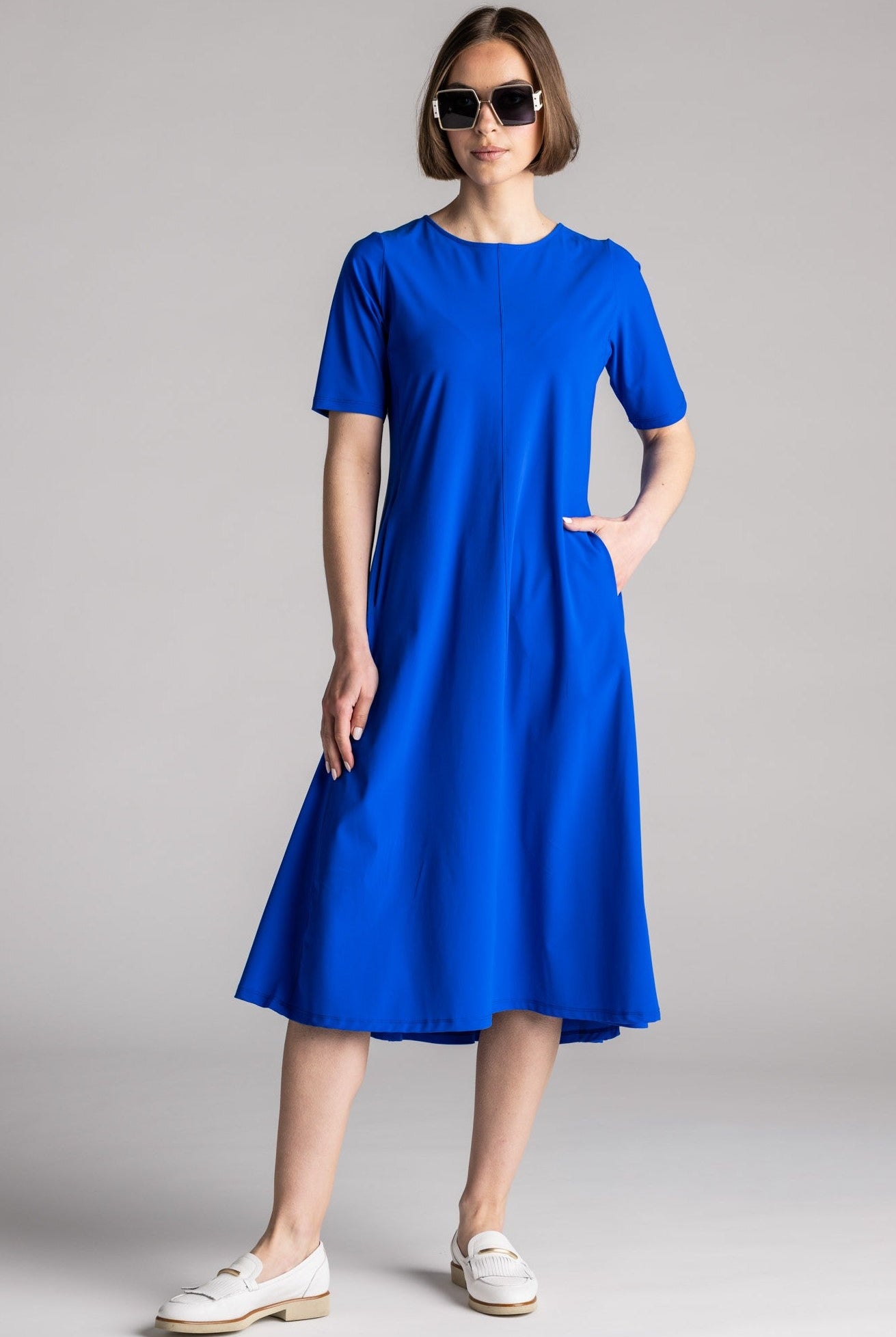 PAULA RYAN Crew Neck Swing Dress Microjersey - Greek Blue - Paula Ryan