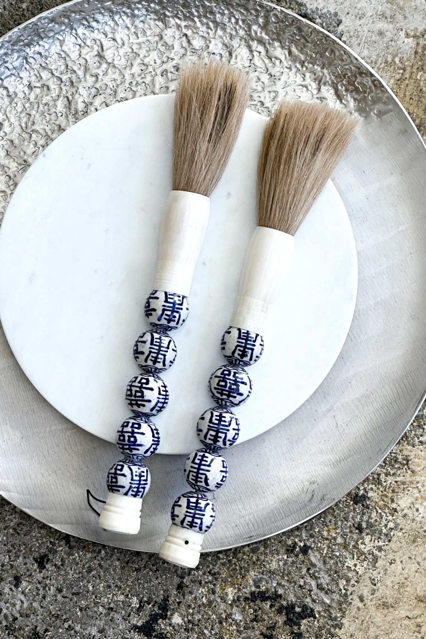 Calligraphy Brush - Large Blue & White Porcelain Beads - Magpie Style