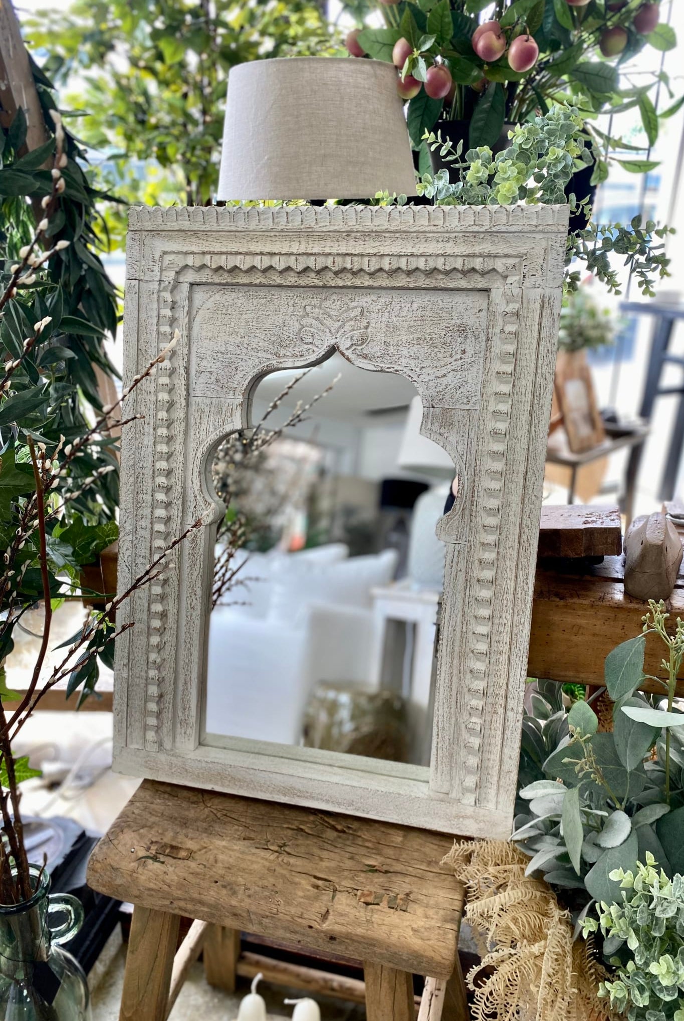 Hand Carved Wooden White Washed Mirror - Magpie Style