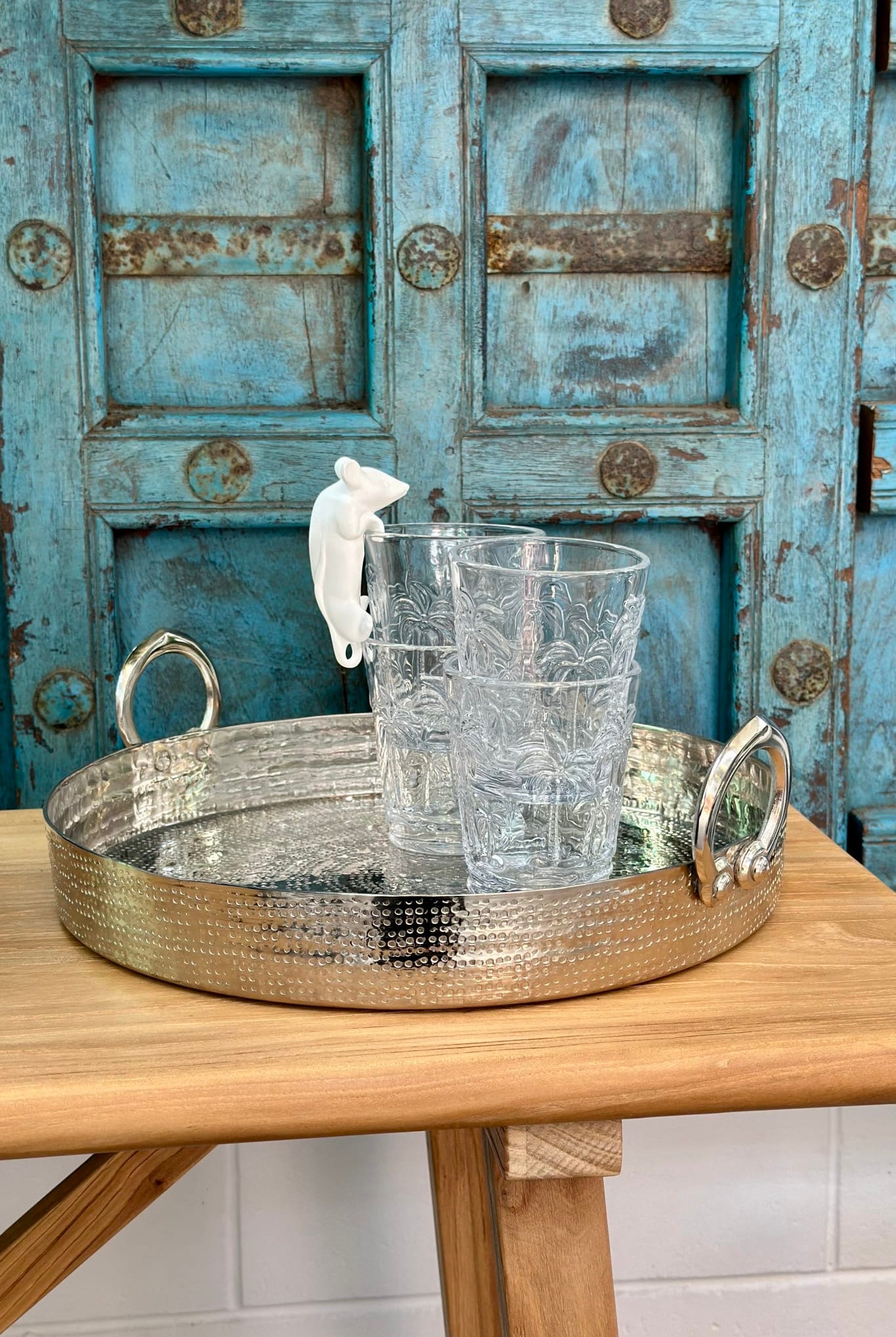 Hammered Round Tray with Ring Handle 34cm - Magpie Style