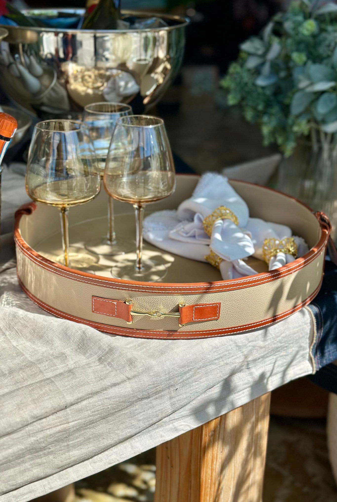 Tan Round Tray with Handles - Magpie Style