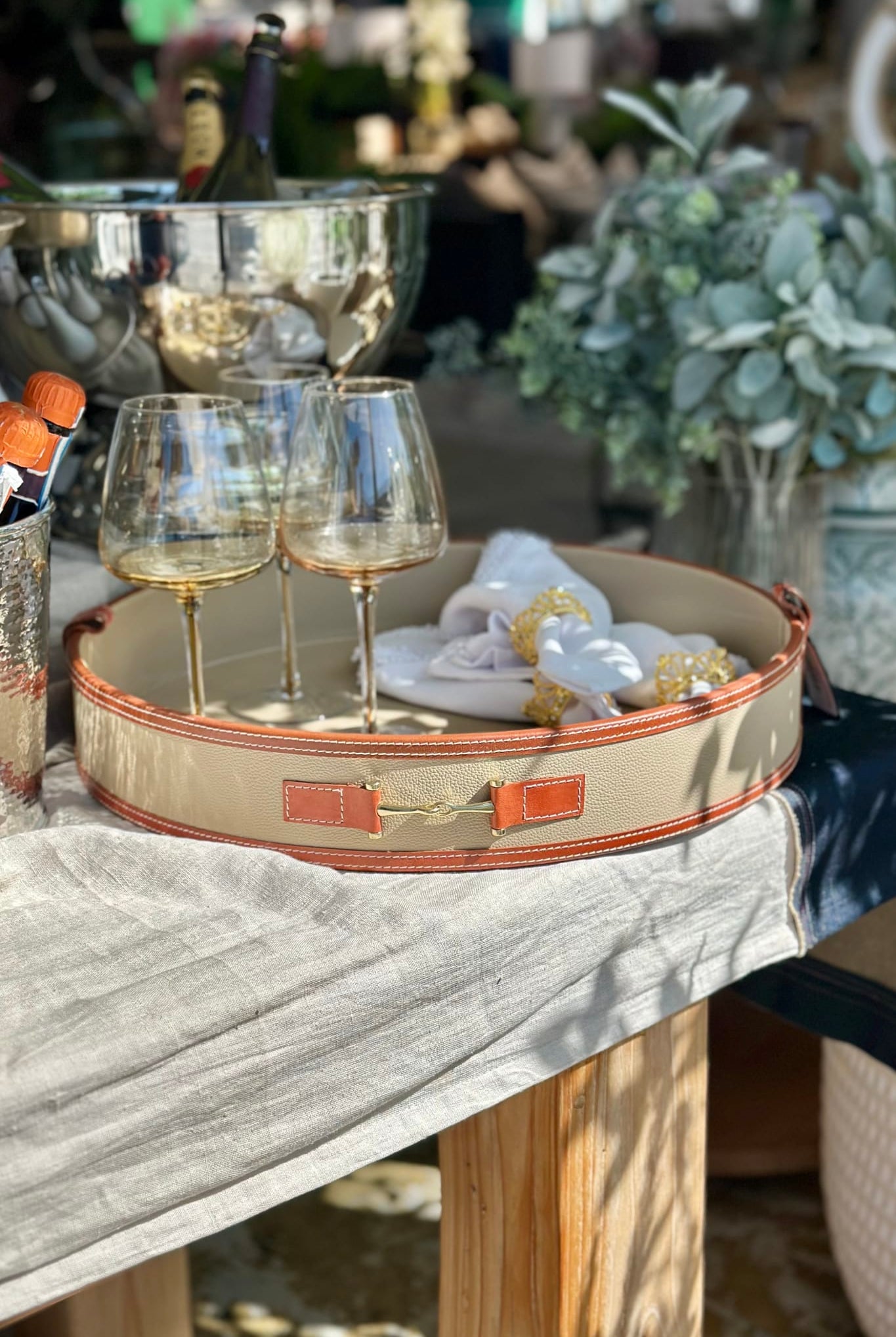 Tan Round Tray with Handles - Magpie Style