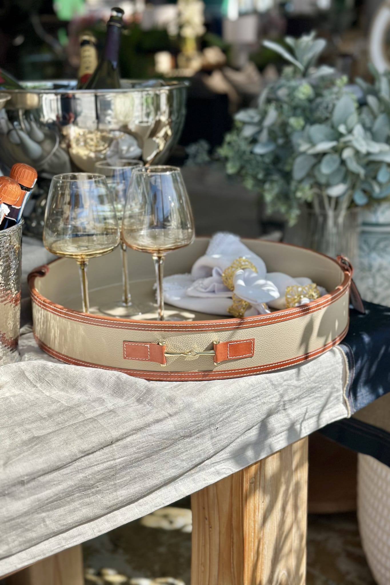 Tan Round Tray with Handles - Magpie Style