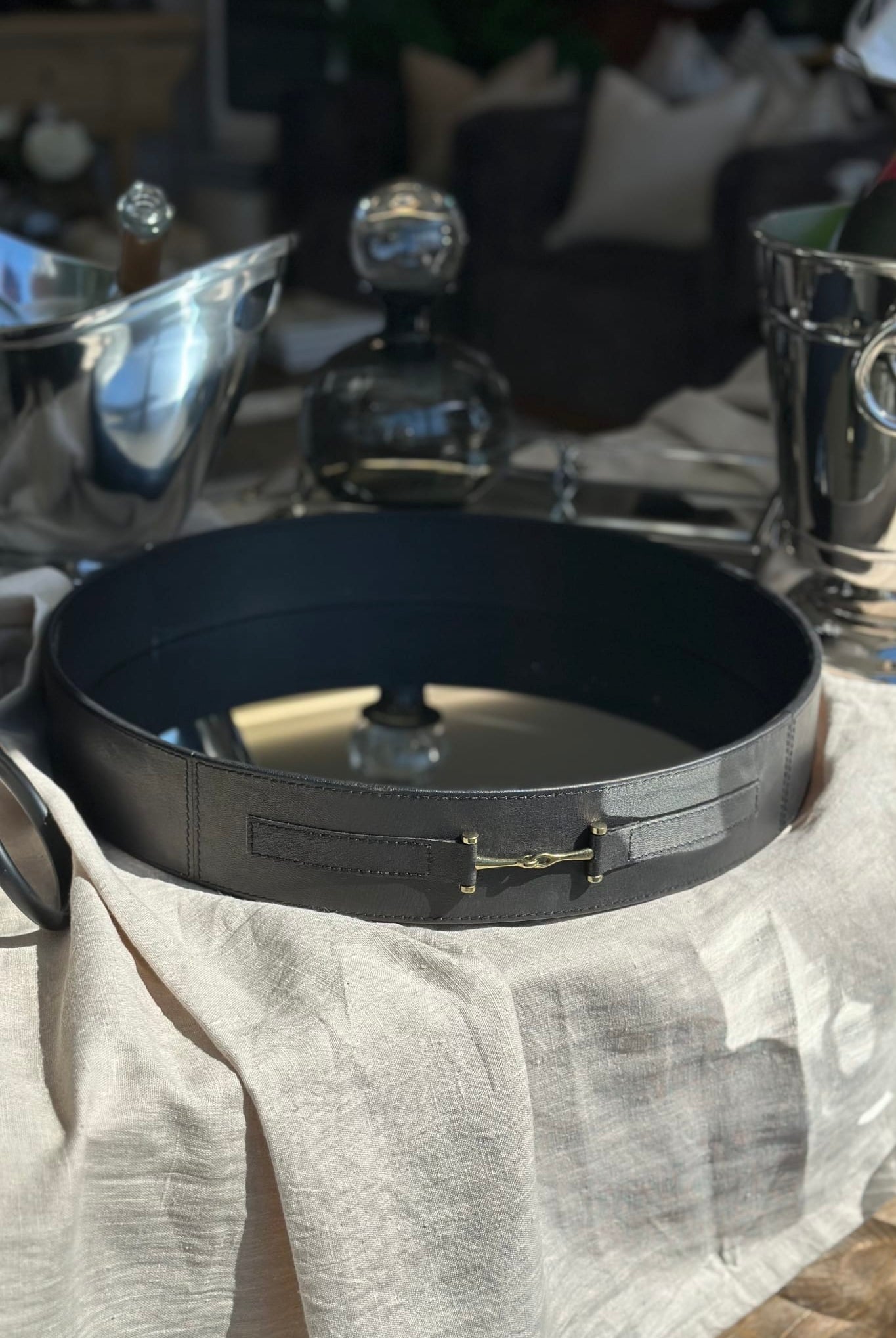 Black Leather Tray with Handles Round (46cm) - Magpie Style