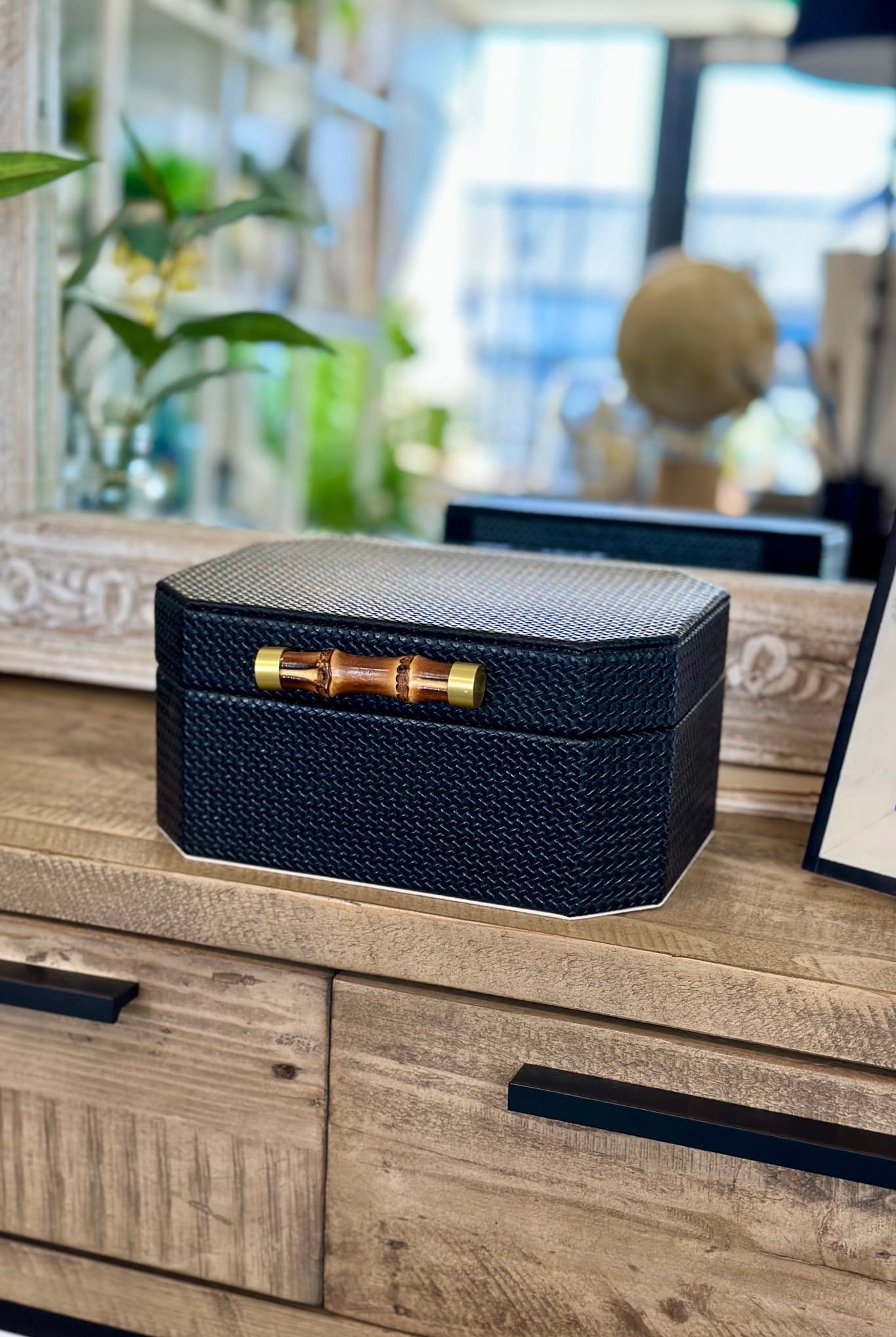 Tall Black Box with Bamboo Handle - Magpie Style