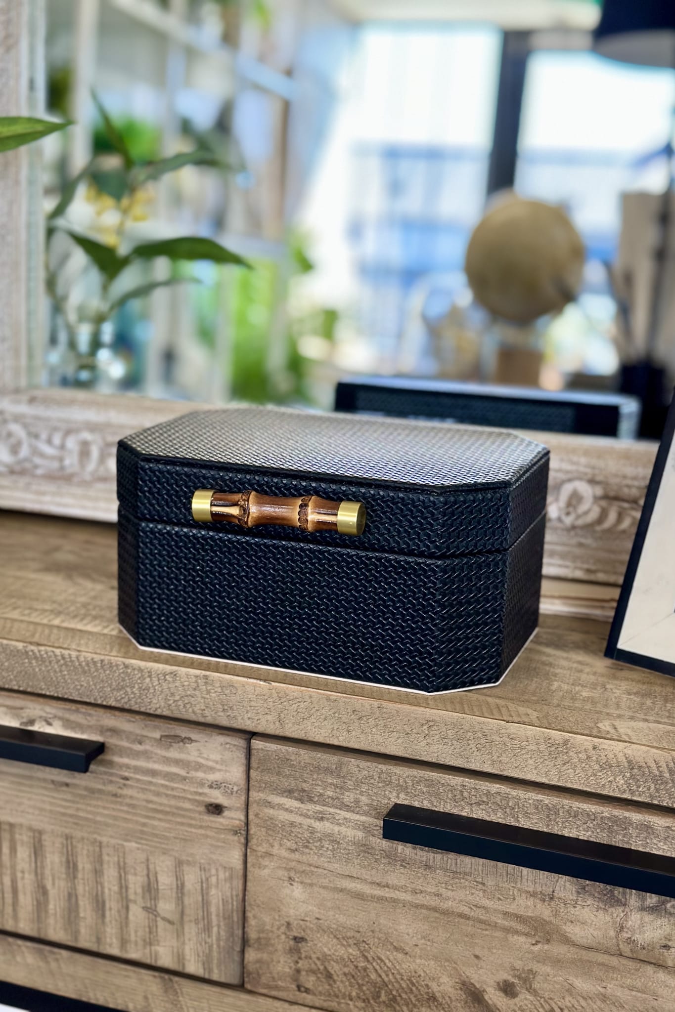 Tall Black Box with Bamboo Handle - Magpie Style