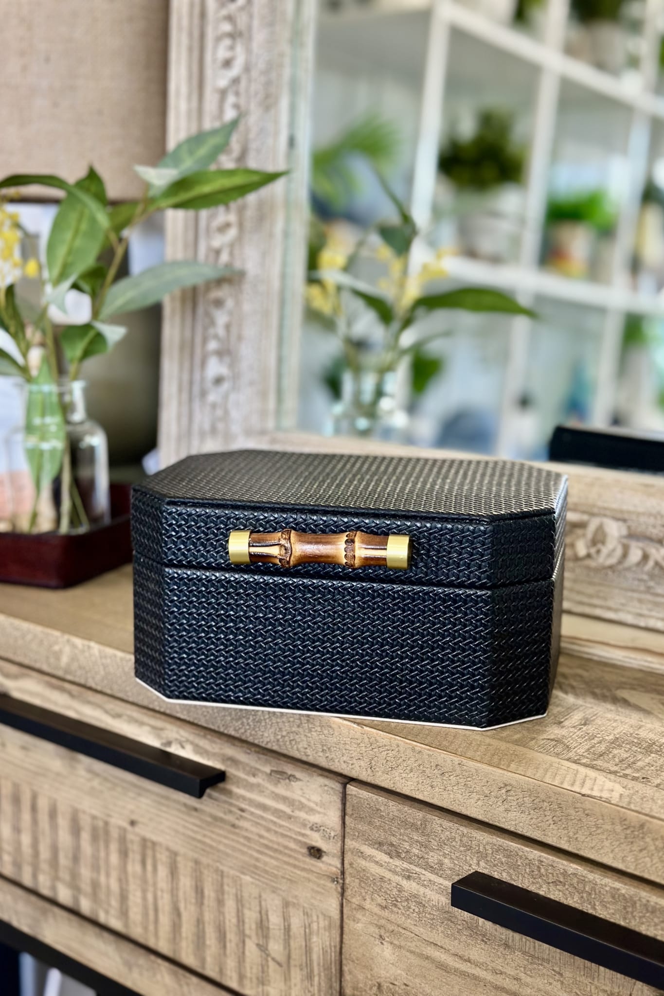 Tall Black Box with Bamboo Handle - Magpie Style