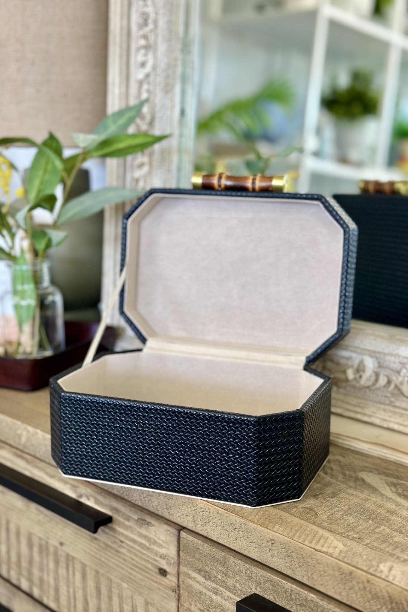 Tall Black Box with Bamboo Handle - Magpie Style
