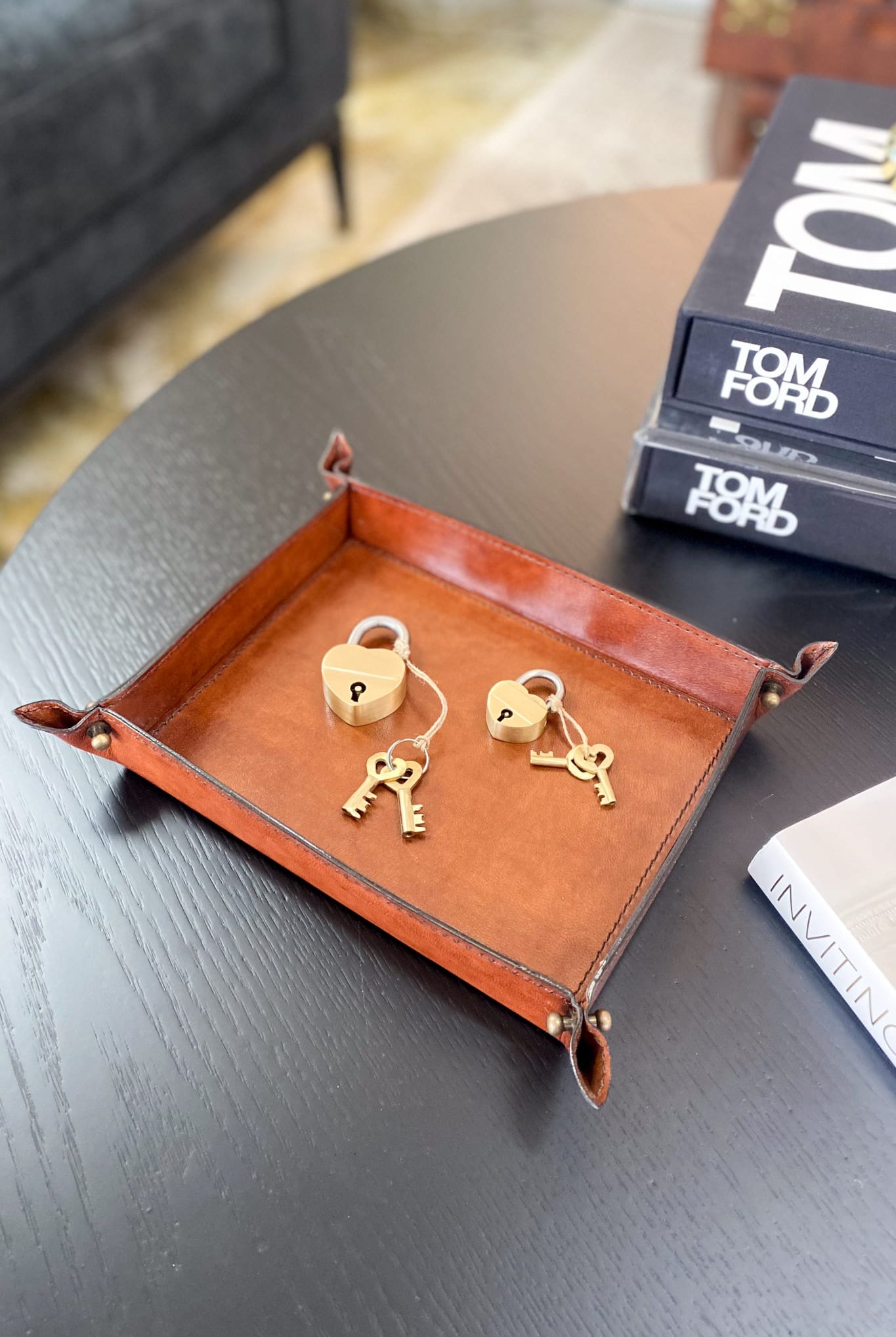 Medium Tan Leather Domed Tray - Magpie Style