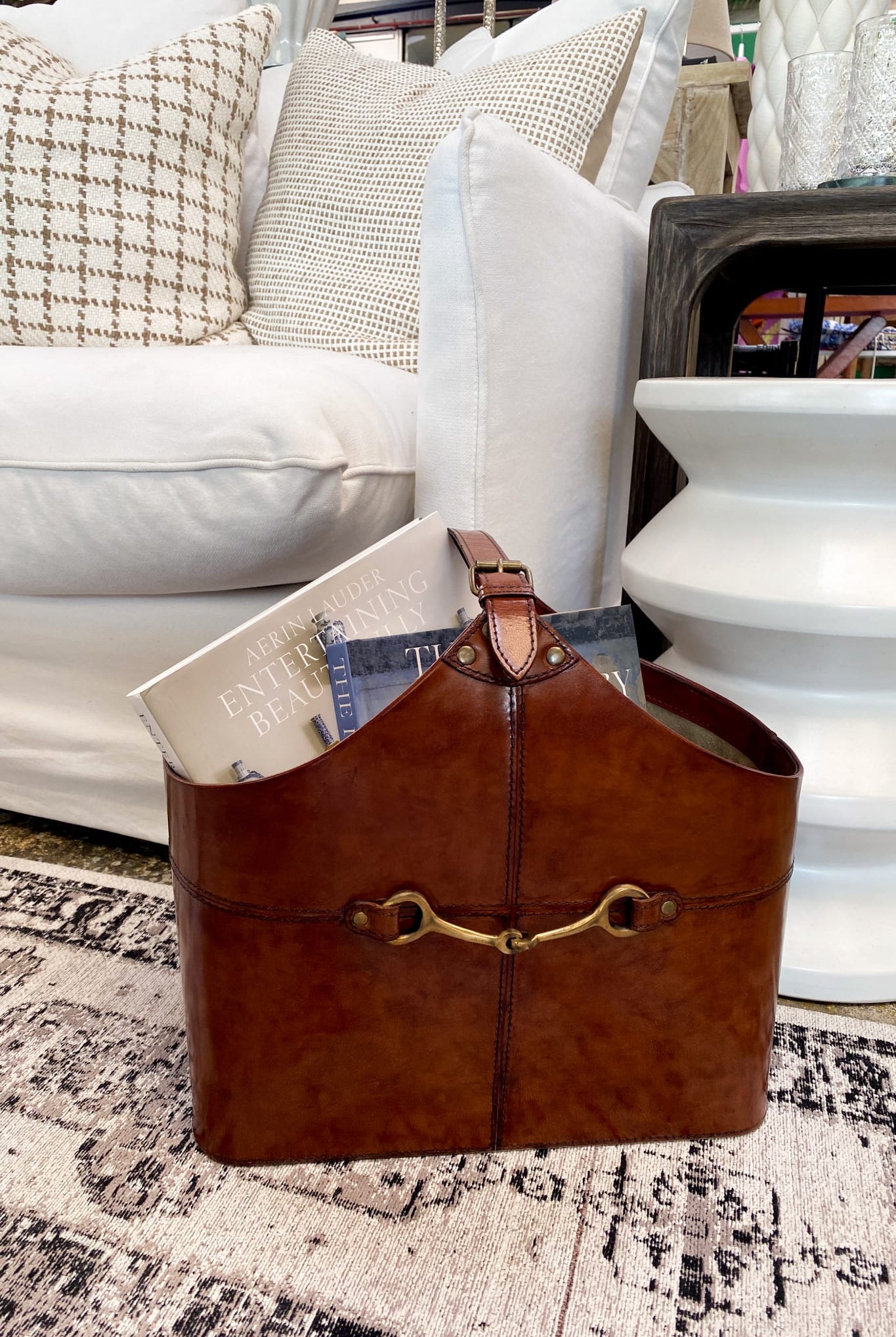 Leather Magazine Basket with Horse Bit - Tan - Magpie Style