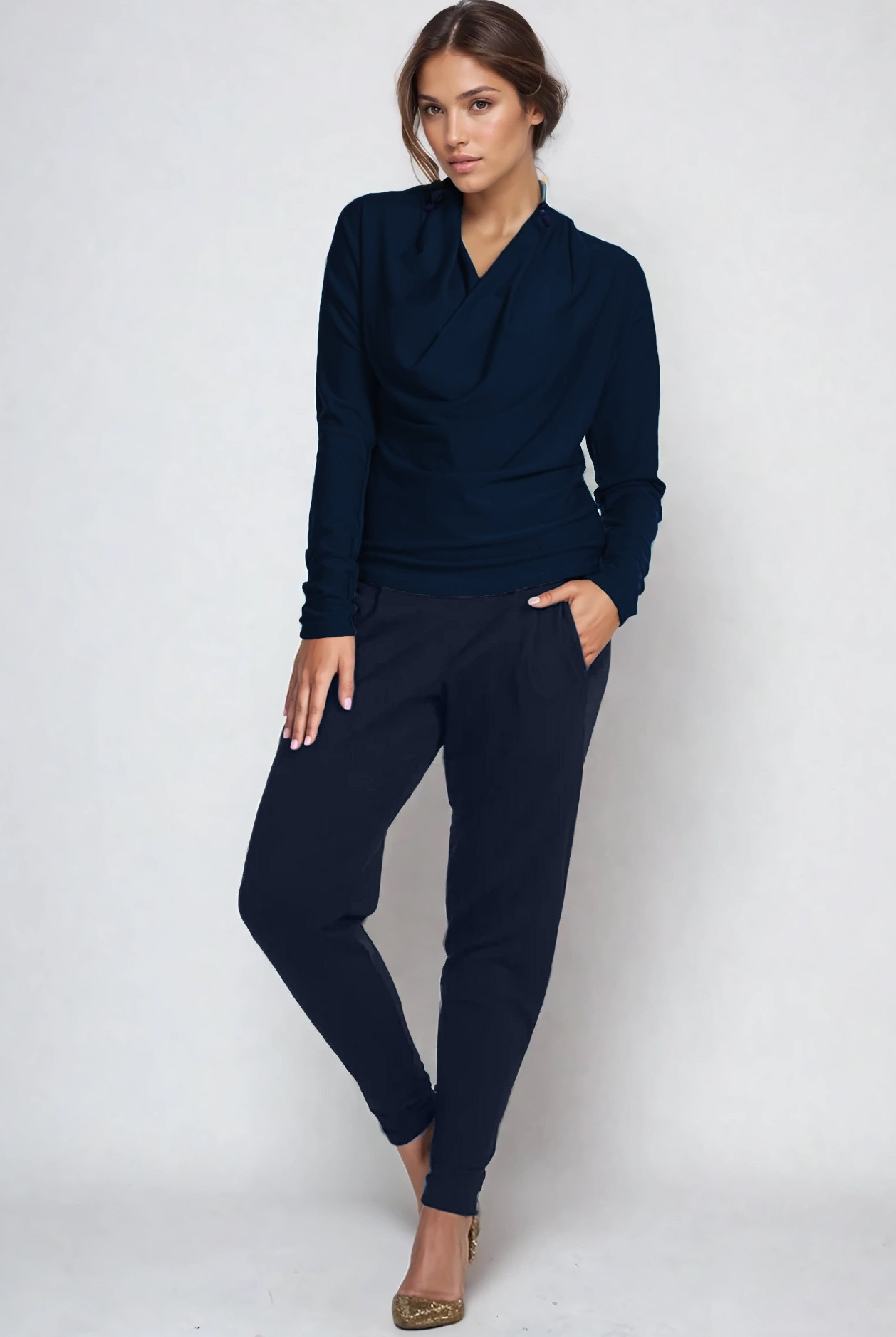 PAULA RYAN ESSENTIALS Ankle Pleat Merino Basque Pant - Navy - Paula Ryan