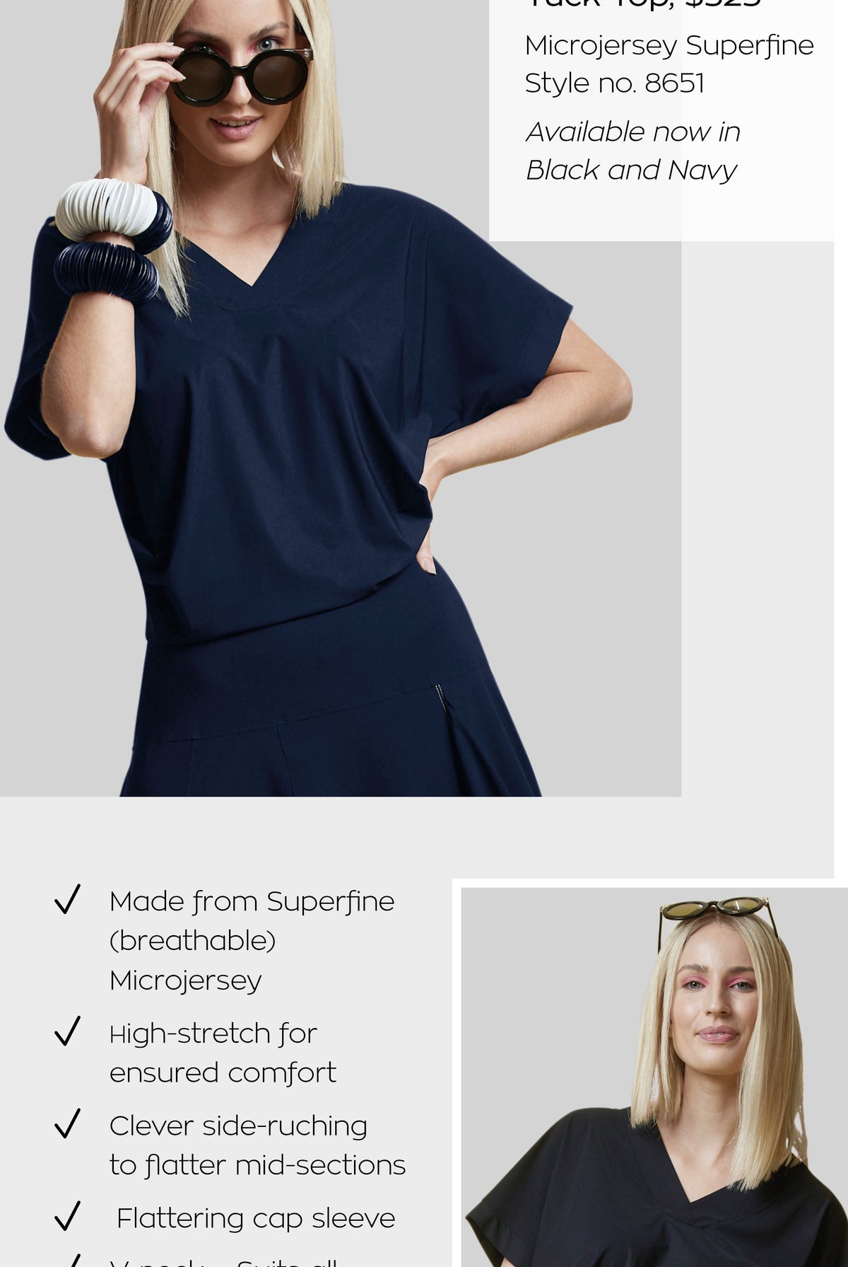 PAULA RYAN V Neck Side Tuck Top - Navy - Microjersey Superfine - Paula Ryan