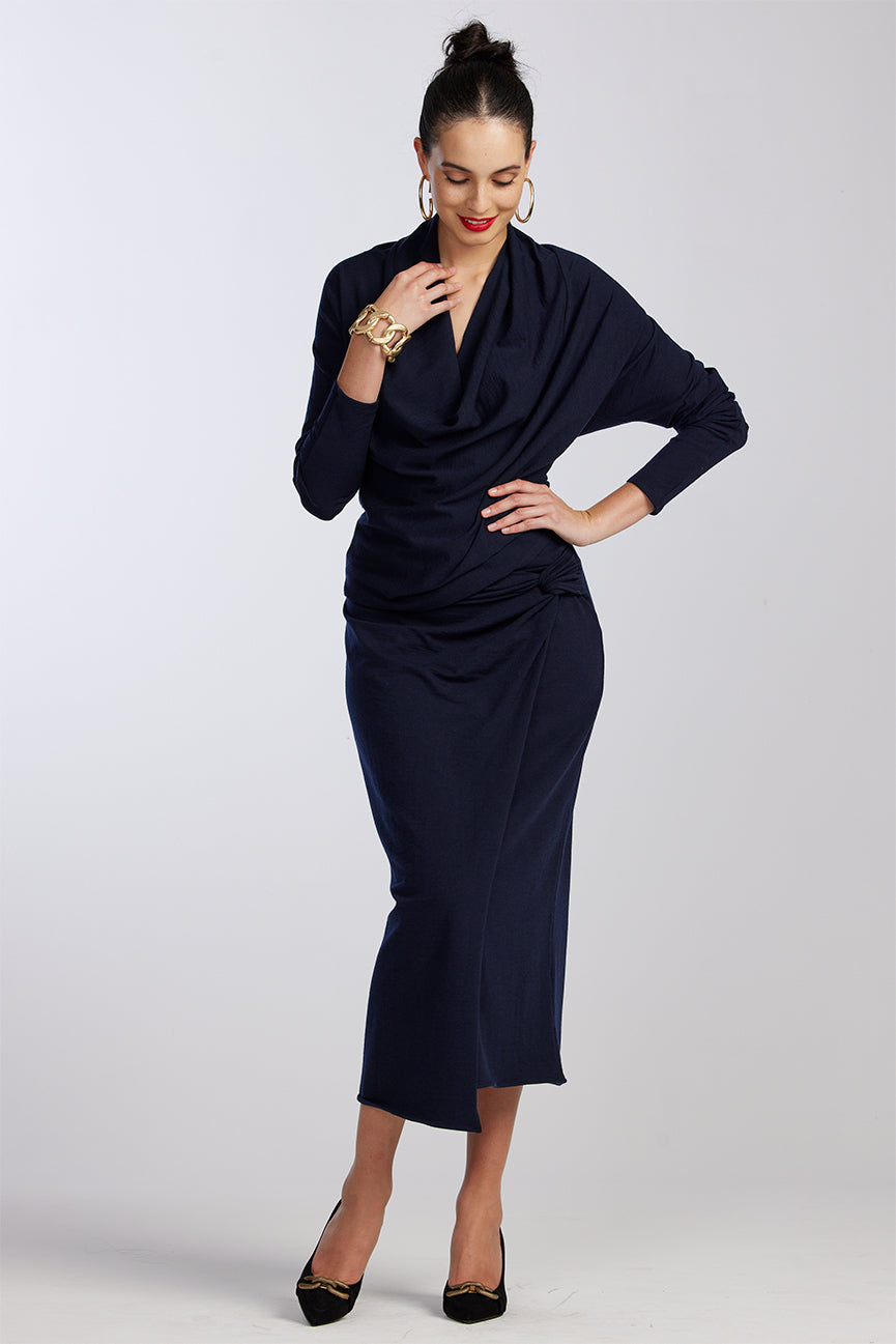 PAULA RYAN Twist Wrap Skirt - Navy Merino - Paula Ryan