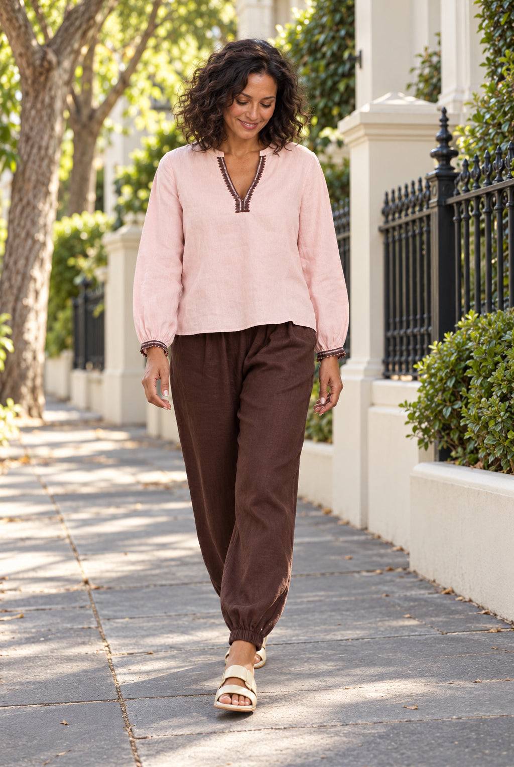 365 DAYS Anika Embroidered Linen Top - Dusty Pink/Choc - Magpie Style