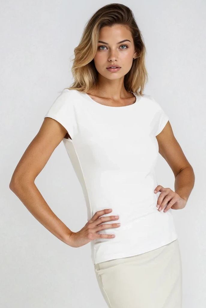 PAULA RYAN Slim Fit Boat Neck Cap Sleeve Top - Ecovero White - Paula Ryan