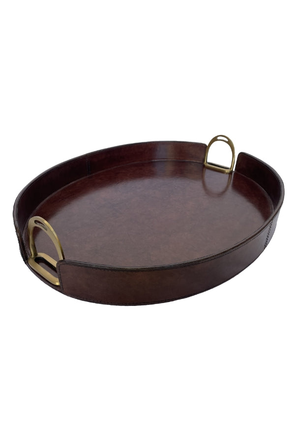 Large Oval Dark Leather Tray with Stirrups - Magpie Style