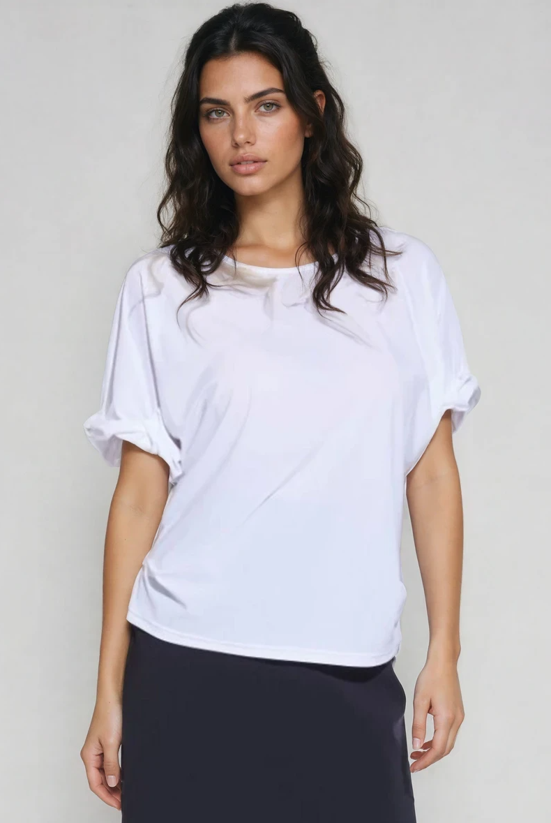 PAULA RYAN Ruched Sleeve Side Tuck Top - White Microjersey - Paula Ryan
