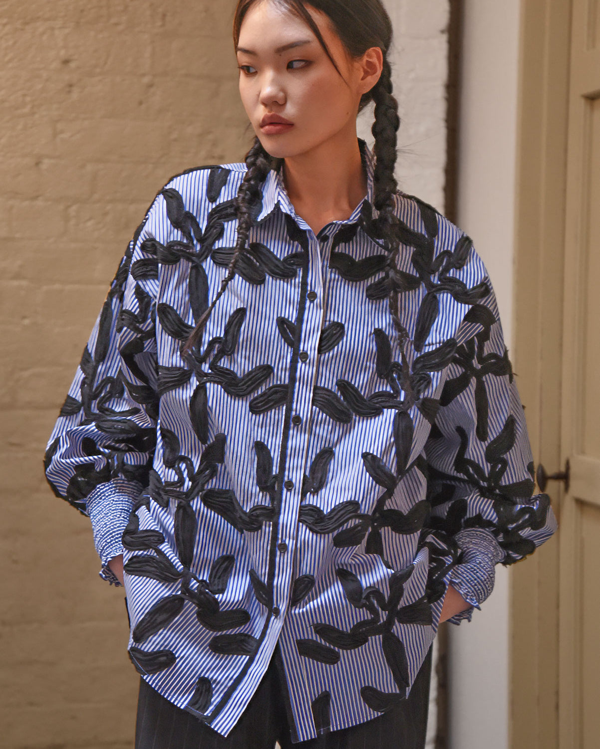 TRELISE COOPER Time to Shir Shirt - Blue Stripe/Black Lack - Magpie Style